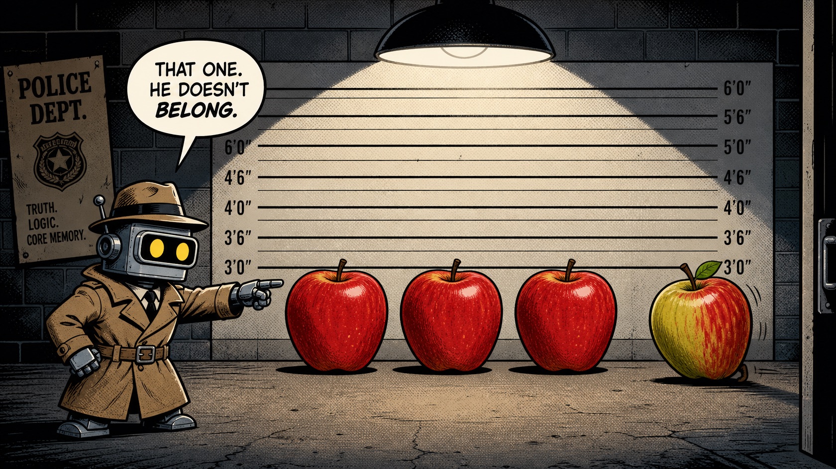 Comic-style police lineup under a hanging lamp against a height chart. Three identical red apples stand in a row, with a fourth yellow-green apple at the end. A detective robot in a trench coat and fedora points at it, saying "That one. He doesn't belong."