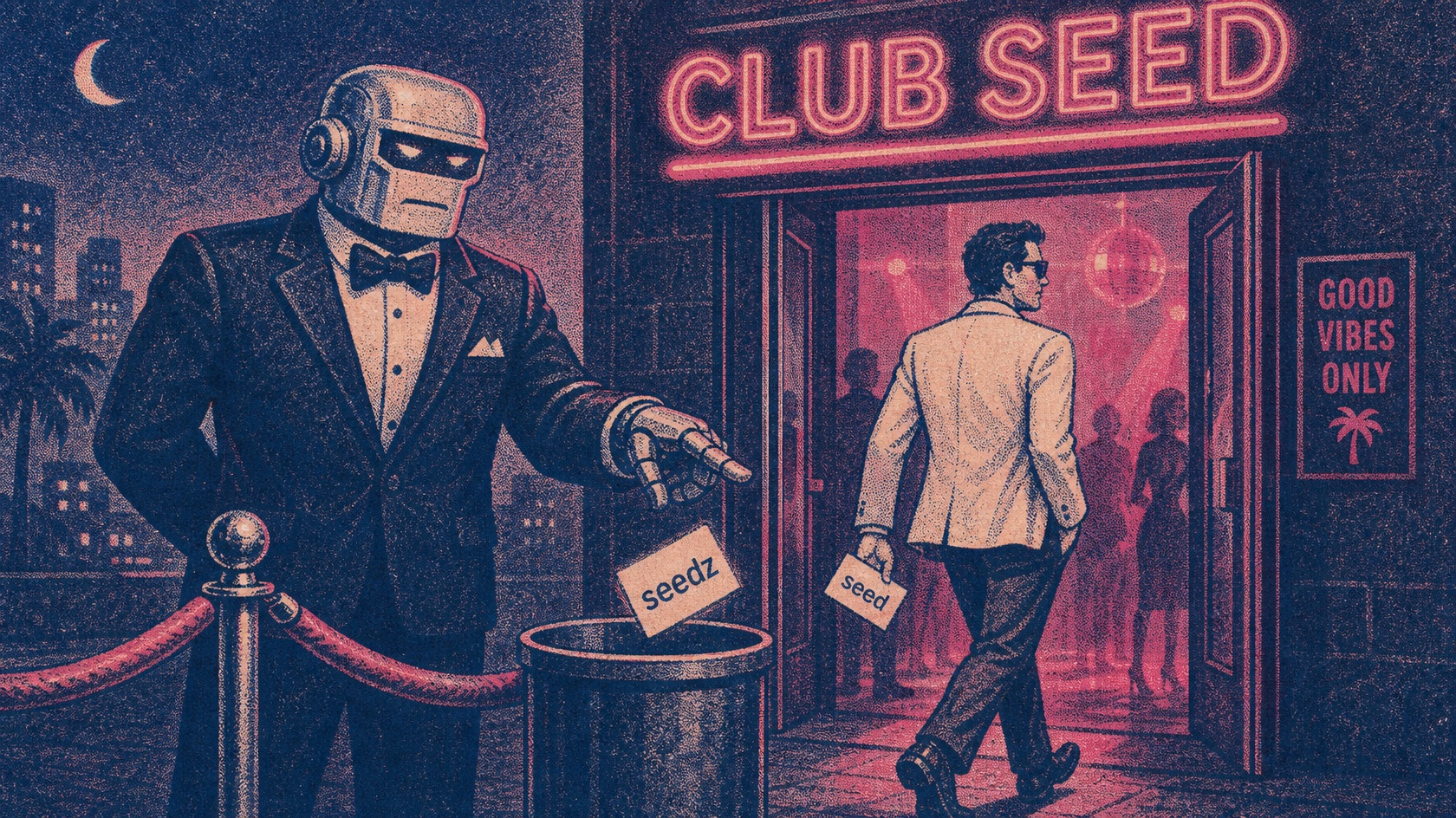 Two-ink risograph night scene in orange and deep blue: a tuxedoed bouncer robot stands at a velvet rope under a neon sign reading CLUB SEED, dropping a rejected card into a bin while an accepted guest walks in past a sign saying GOOD VIBES ONLY.