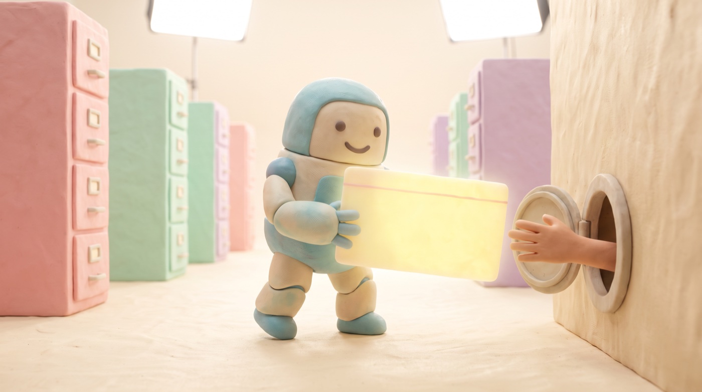 Claymation robot carrying a large glowing index card through a bright archive hall of pastel filing cabinets, handing it toward a human hand reaching through a round hatch in the wall.