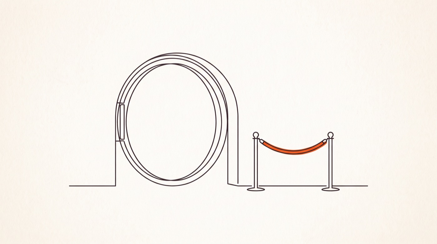 Minimal line drawing of a large circular bank vault door with no handle, dial, or keyhole, next to a small orange velvet rope barrier on two brass posts.