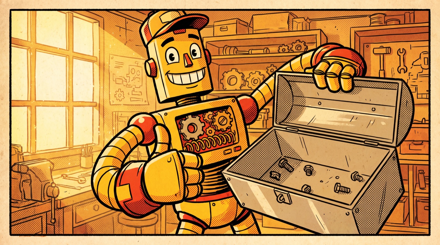 Comic-style grinning robot in a sunlit workshop proudly holding open a metal toolbox that contains only a few loose screws and bolts, no tools.