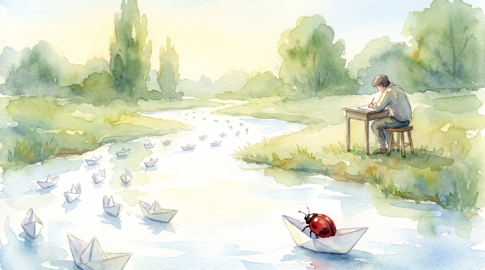 Watercolor of a stream full of identical paper boats drifting past a person working at a desk with their back turned, one foreground boat carrying a large red beetle.