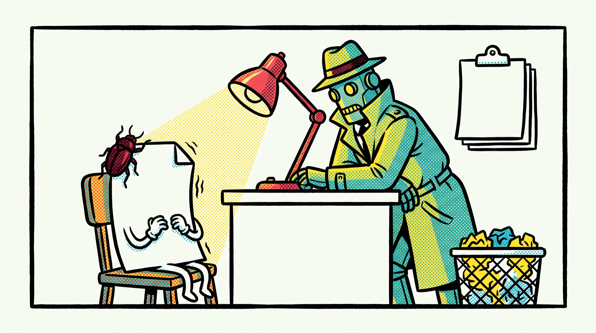 Comic panel of a robot detective in a trench coat questioning a nervous paper document with a beetle on it under a desk lamp, beside a bin full of crumpled papers.