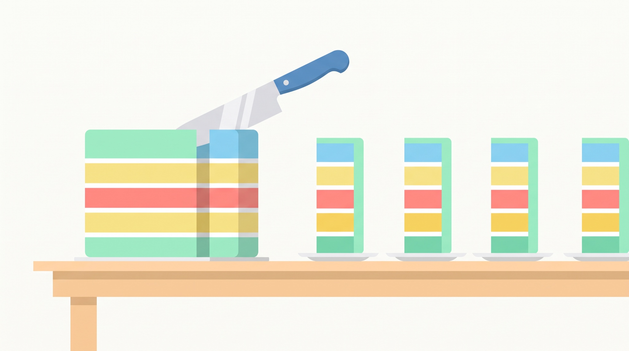 Flat vector illustration of a layered cake being cut with a knife, with four identical vertical slices standing on separate plates, each showing all the layers.