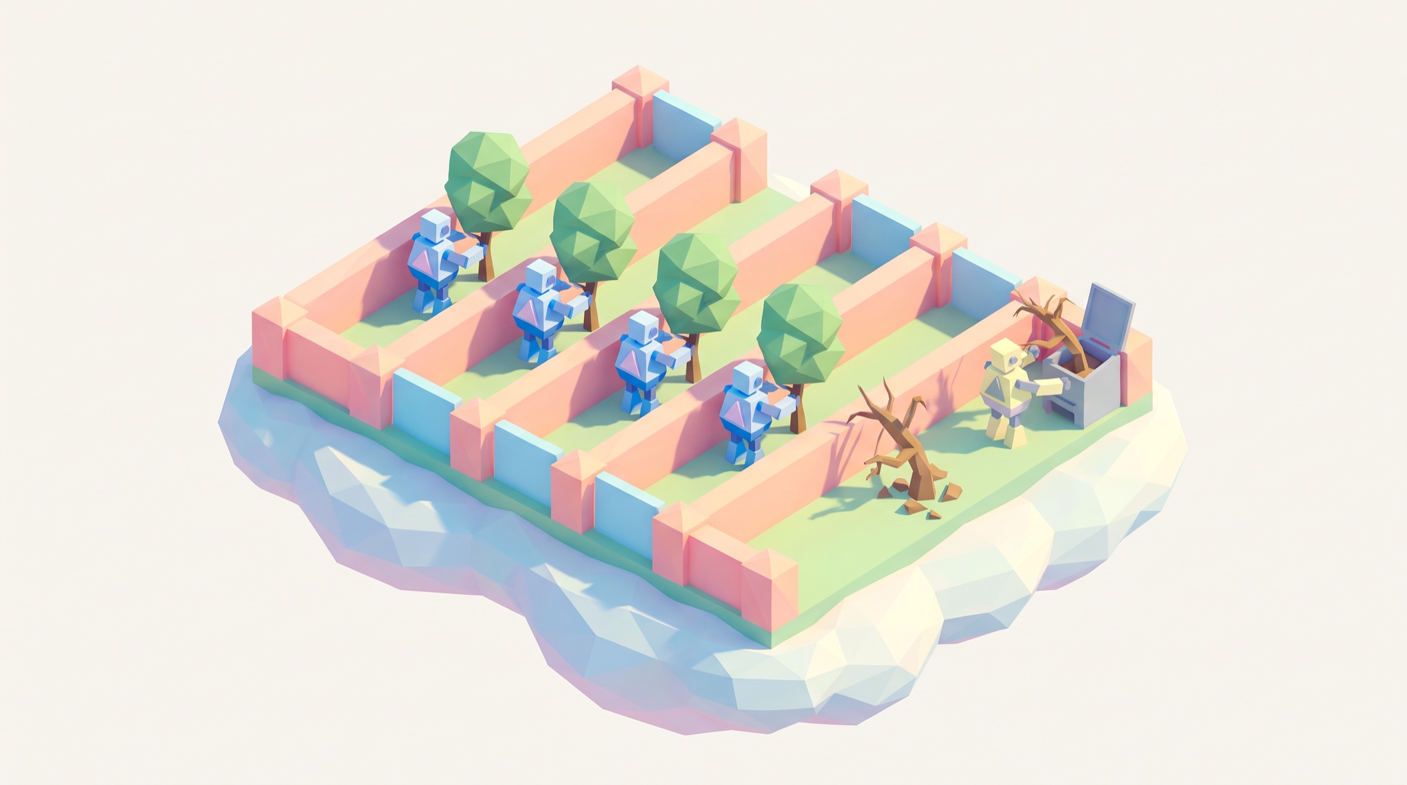 Low-poly isometric scene of five parallel walled garden lanes, each with a robot; four tend green trees while one drops a wilted tree into a bin.