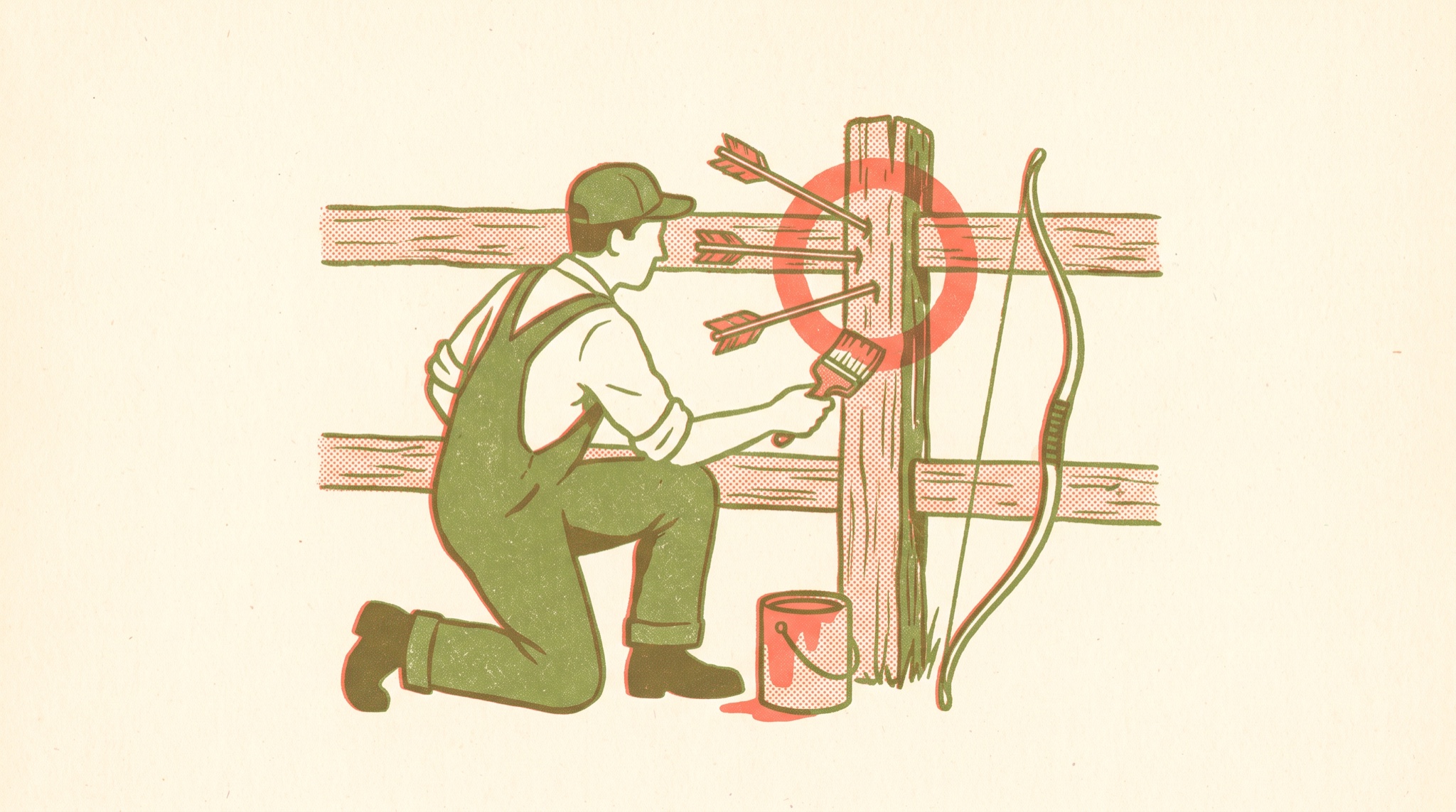 Risograph-style print of an archer kneeling by a wooden fence, painting a bullseye ring around three arrows already stuck in the fence post.