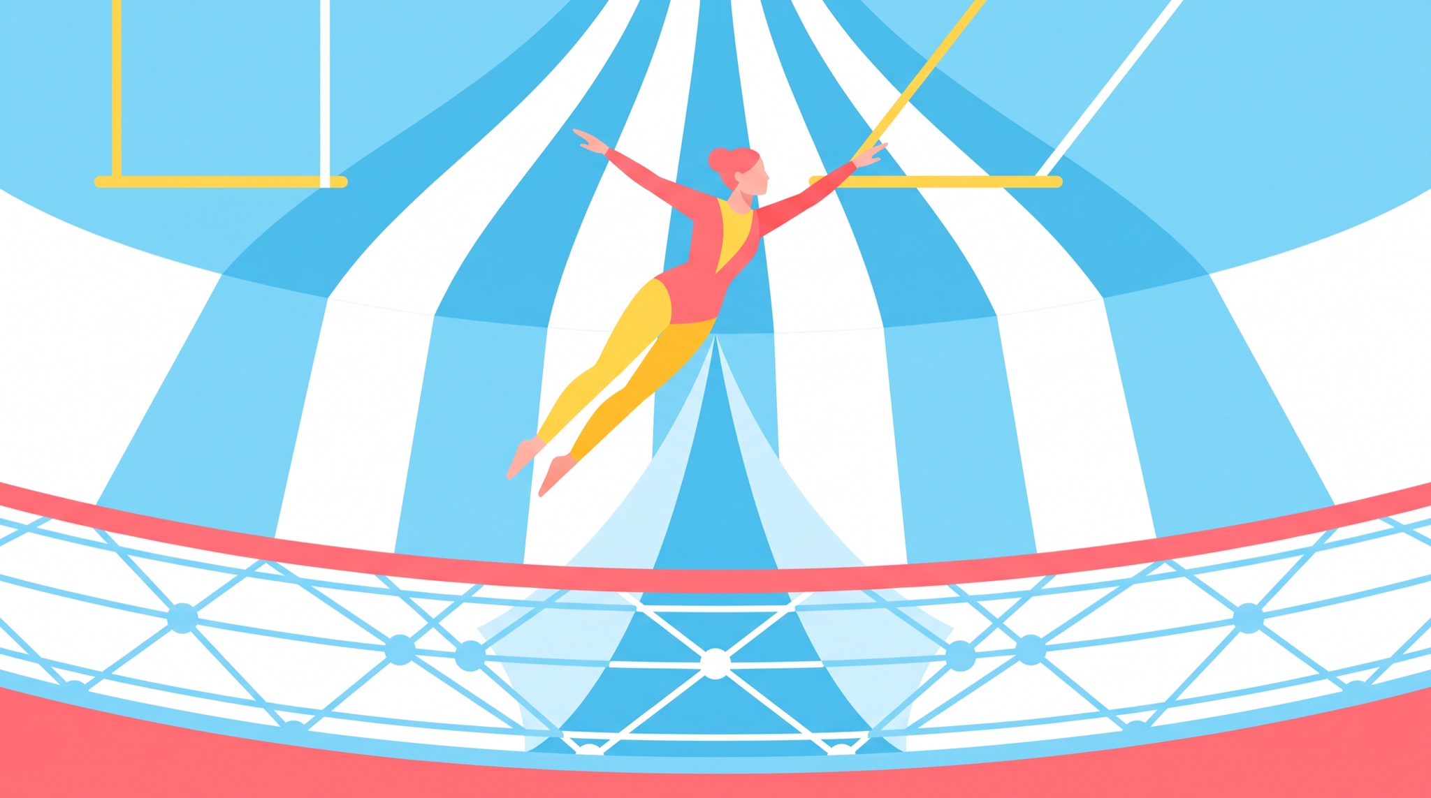 Flat vector illustration of a trapeze artist flying between two trapeze bars inside a circus tent, with a wide safety net stretched below.