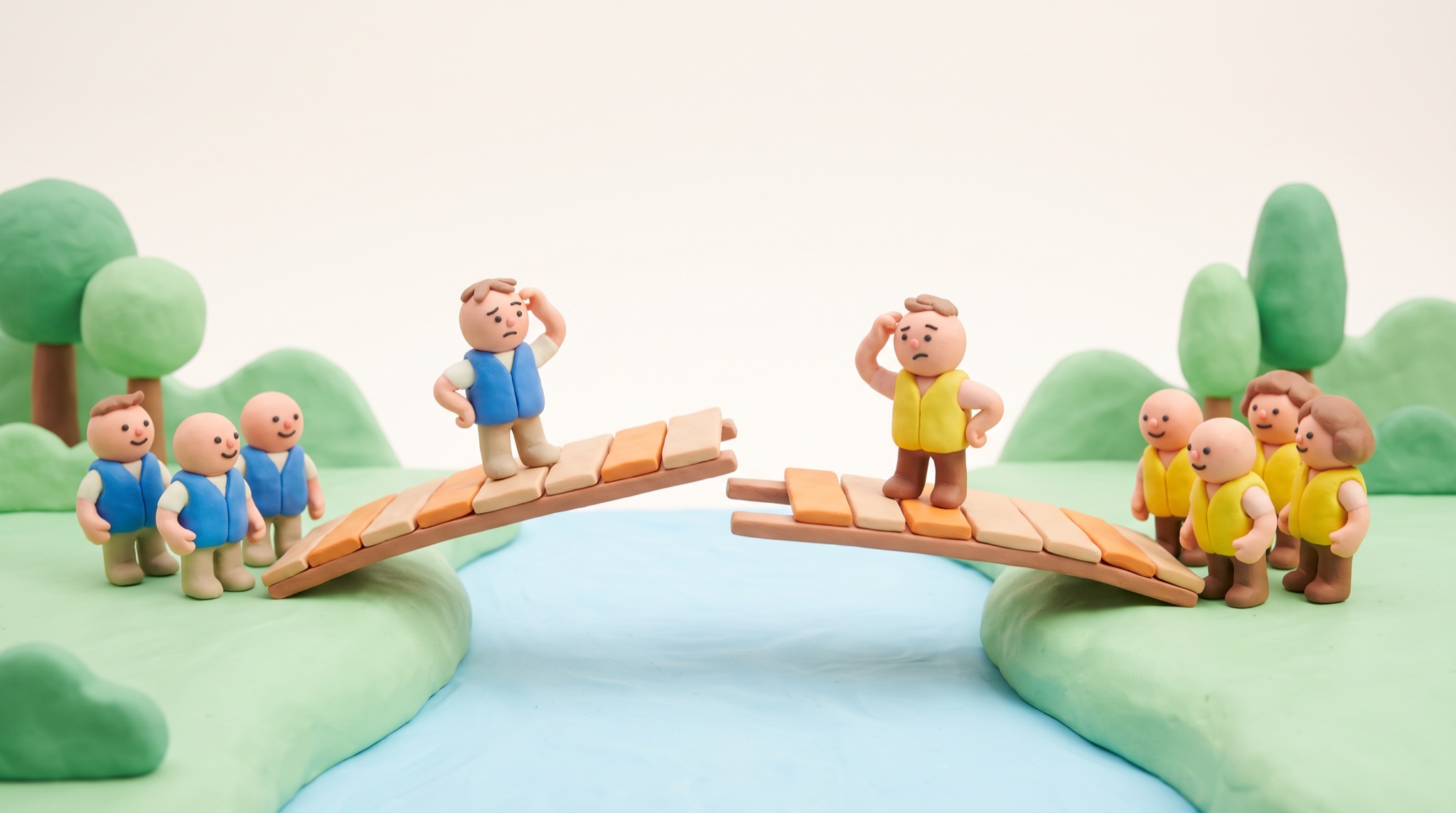 Claymation scene of two teams in blue and yellow vests building a bridge from opposite riverbanks, the two halves meeting misaligned in the middle while a figure from each side scratches its head.