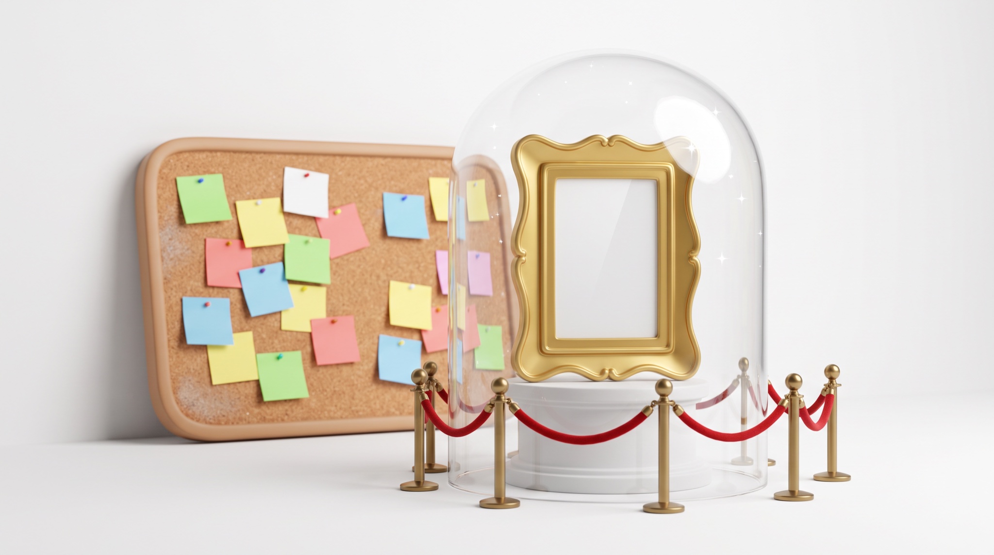 An ornate gold frame with a blank glossy canvas displayed under a glass dome on a pedestal behind a red velvet rope, with a corkboard full of crooked blank sticky notes leaning against the wall behind it.