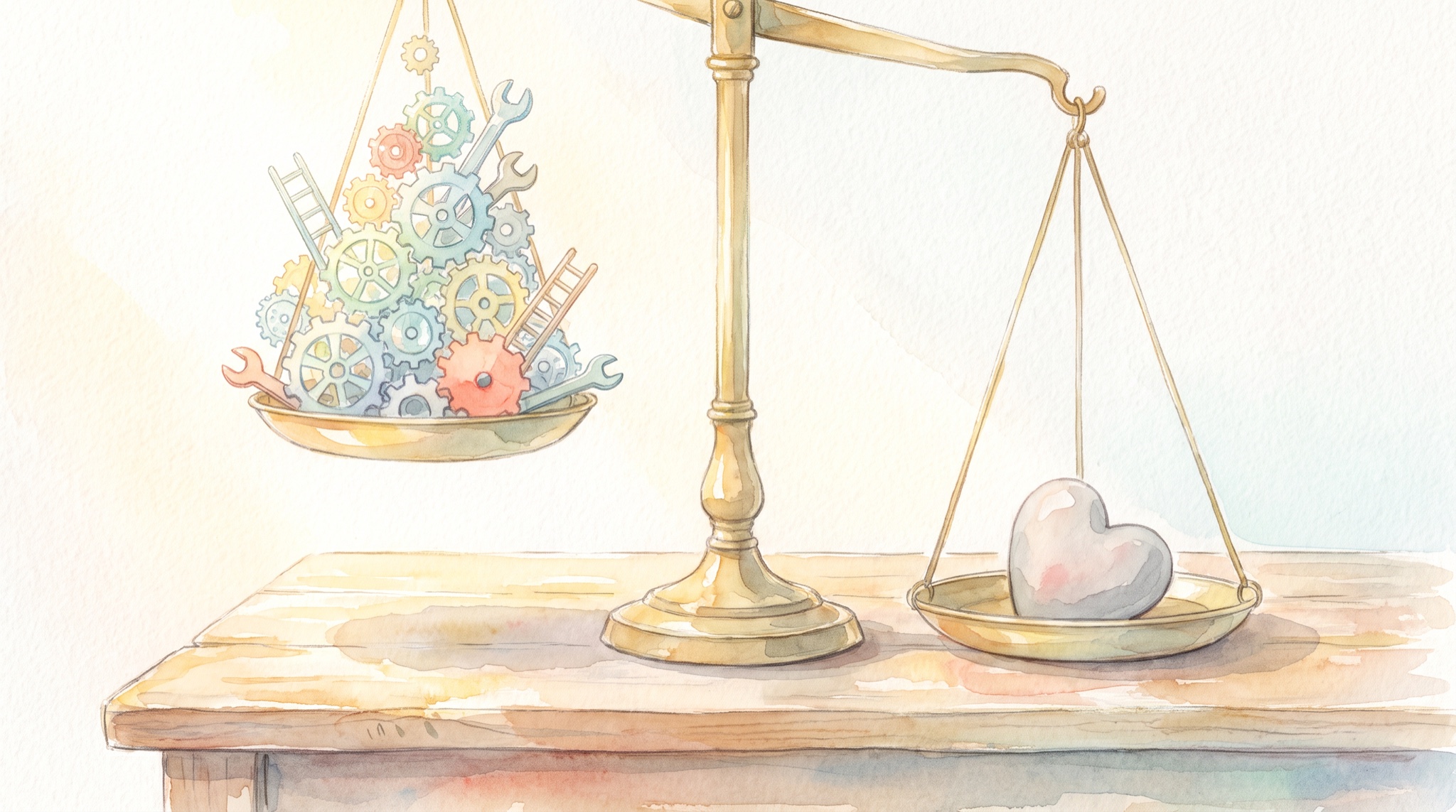Watercolor of a brass balance scale: a pan heaped with gears, wrenches and ladders hangs high while a pan holding one small heart-shaped stone rests at the bottom.