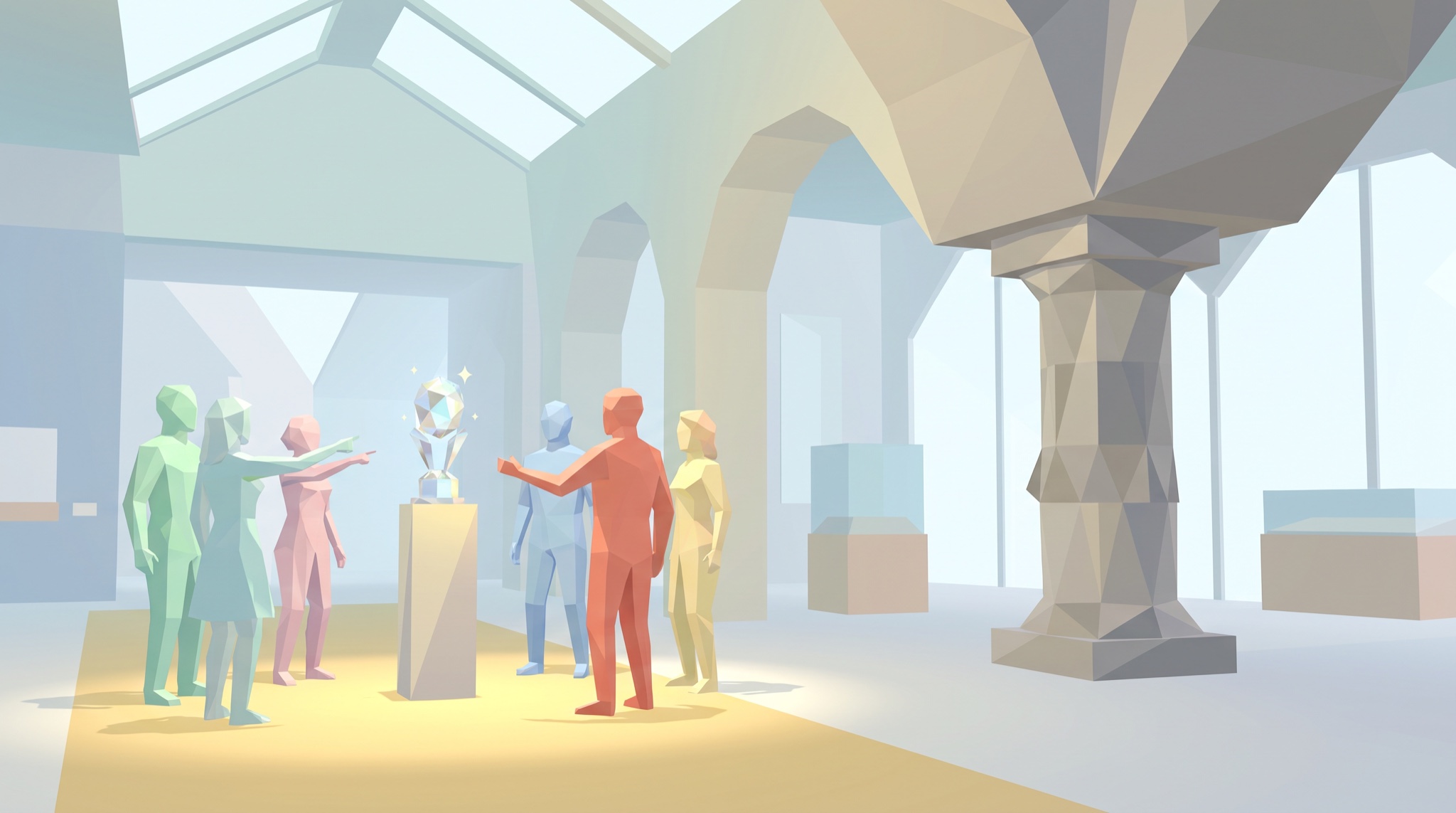 Low-poly museum hall where a colorful crowd admires a sparkling crystal trophy on a spotlit pedestal while a massive plain stone column holds up the ceiling nearby, ignored.
