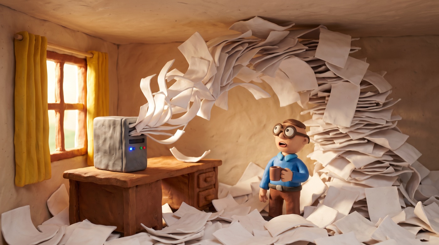 Claymation scene of a small server tower on a desk spraying a huge arc of blank paper that fills the room, while a clay figure with glasses and a coffee mug stands knee-deep in the pile.