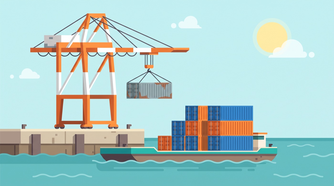 Flat vector harbor scene: an orange gantry crane lifts a single rusty gray shipping container away from a barge stacked with nine bright blue and orange containers.