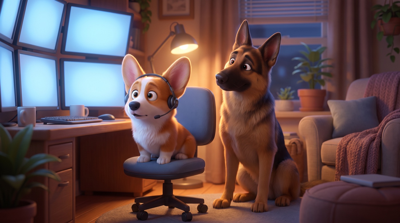 Pixar-style render of a corgi wearing a headset on a desk chair facing a wall of glowing monitors, with a large German shepherd sitting behind it, watching the corgi.