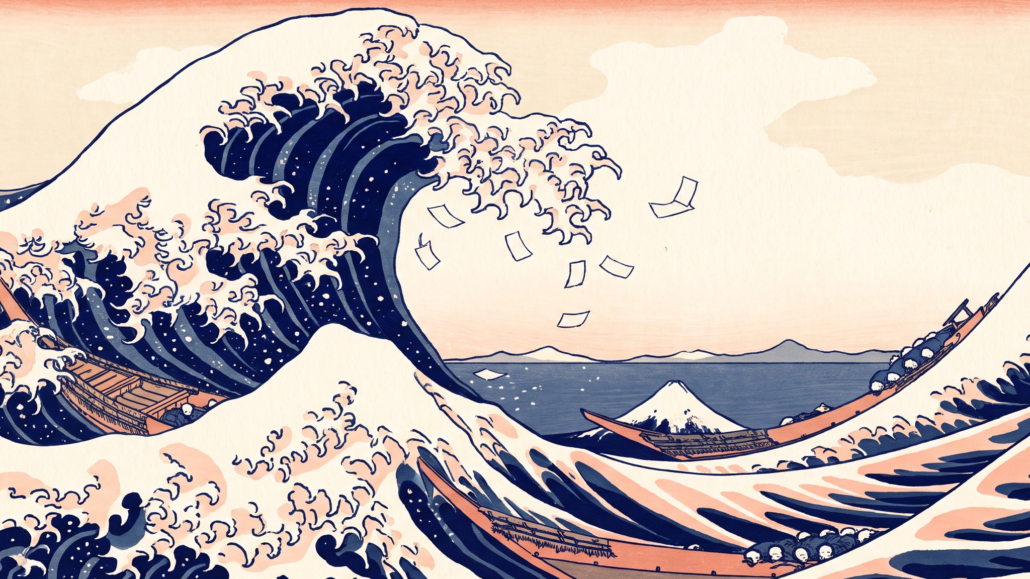Ukiyo-e style woodblock print of a huge cresting wave looming over small rowboats, with blank paper slips fluttering through the air into the wave.