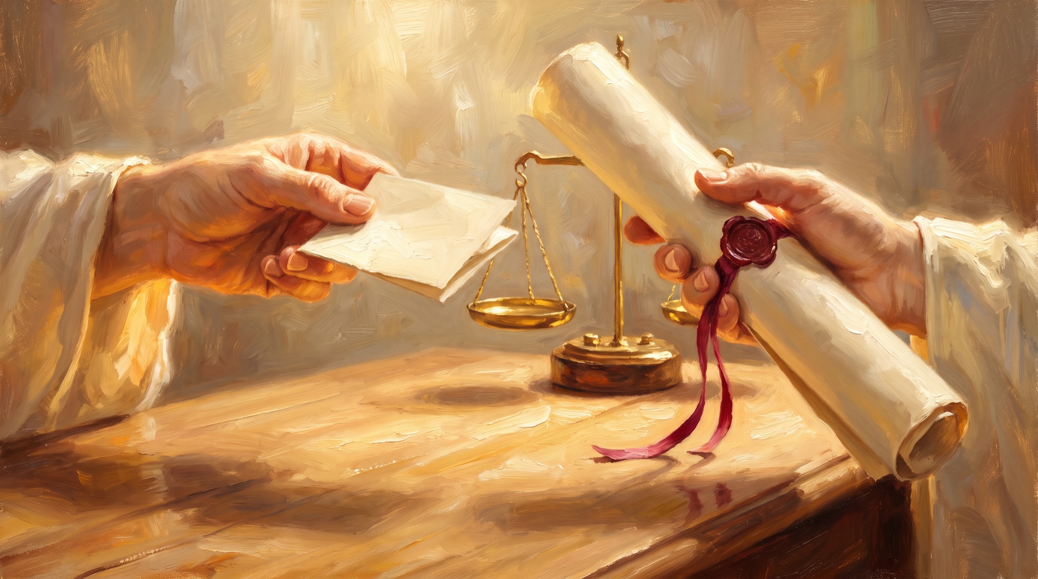 Oil painting of two hands above a desk, one offering a small folded note and the other handing back a rolled document with a red wax seal, a brass balance scale between them.