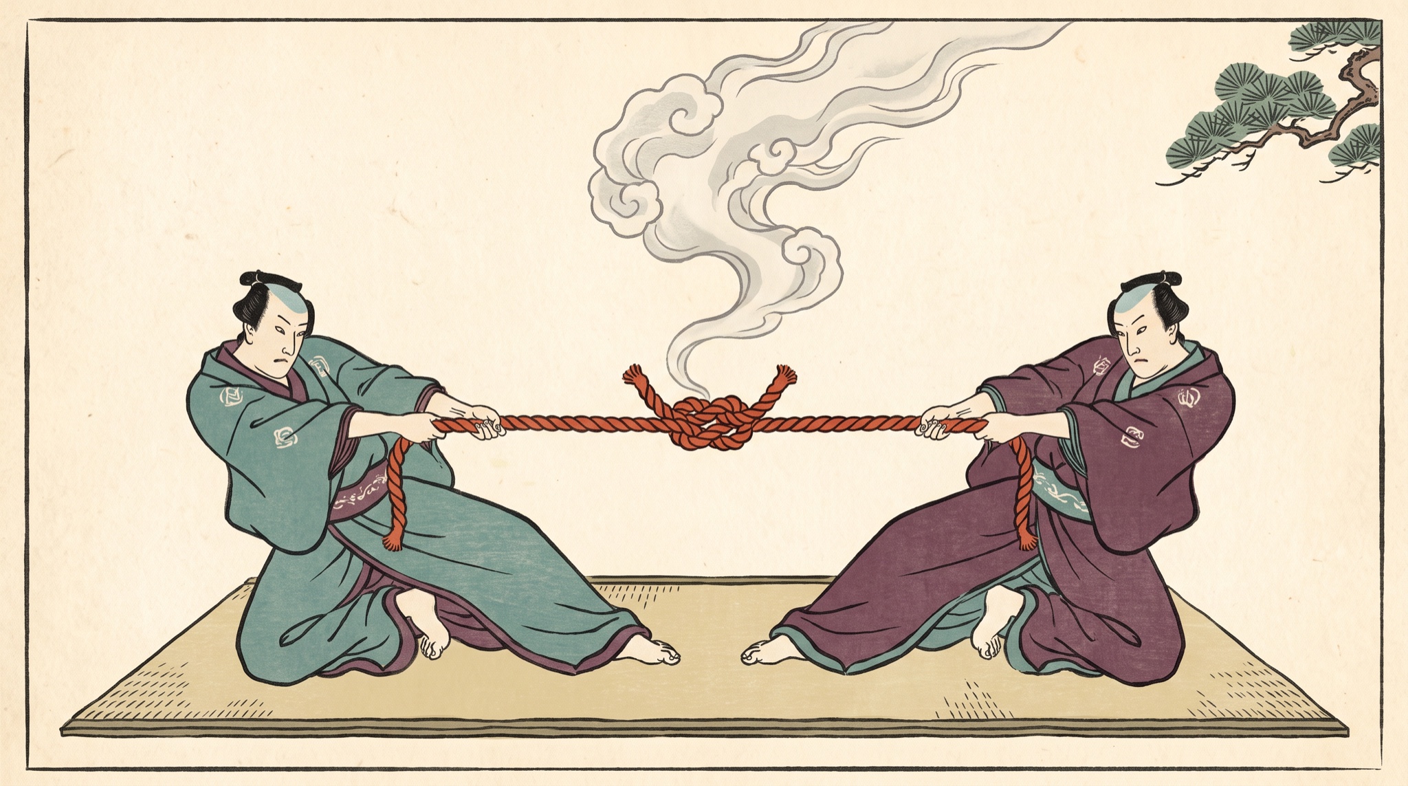 Ukiyo-e woodblock print of two kneeling figures pulling opposite ends of a red rope knotted in the middle, with ghostly smoke rising from the knot.