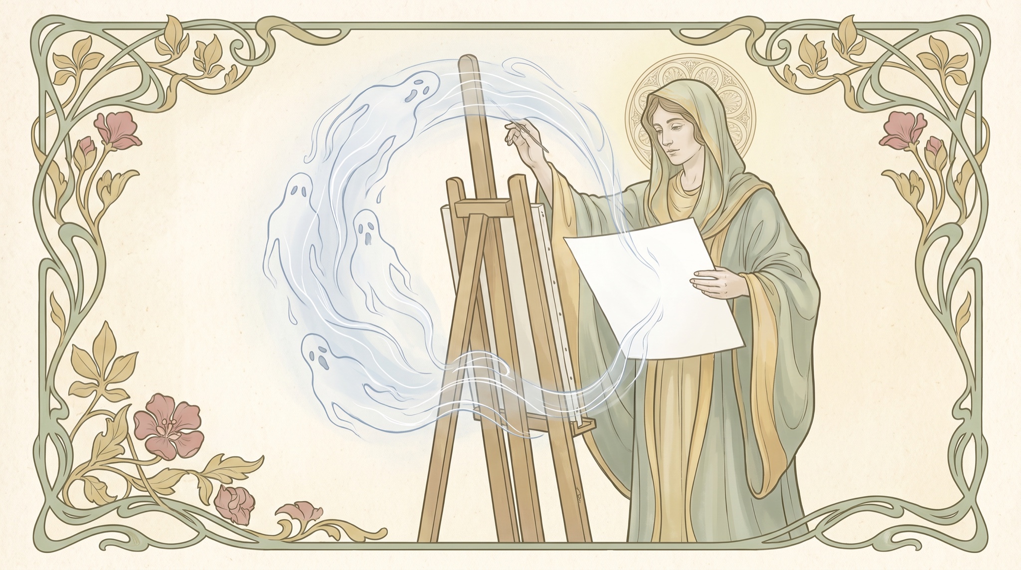 Art nouveau illustration of a robed figure at an easel holding a blank page while five small ghosts stream in an arc toward the paper, framed by a floral border.