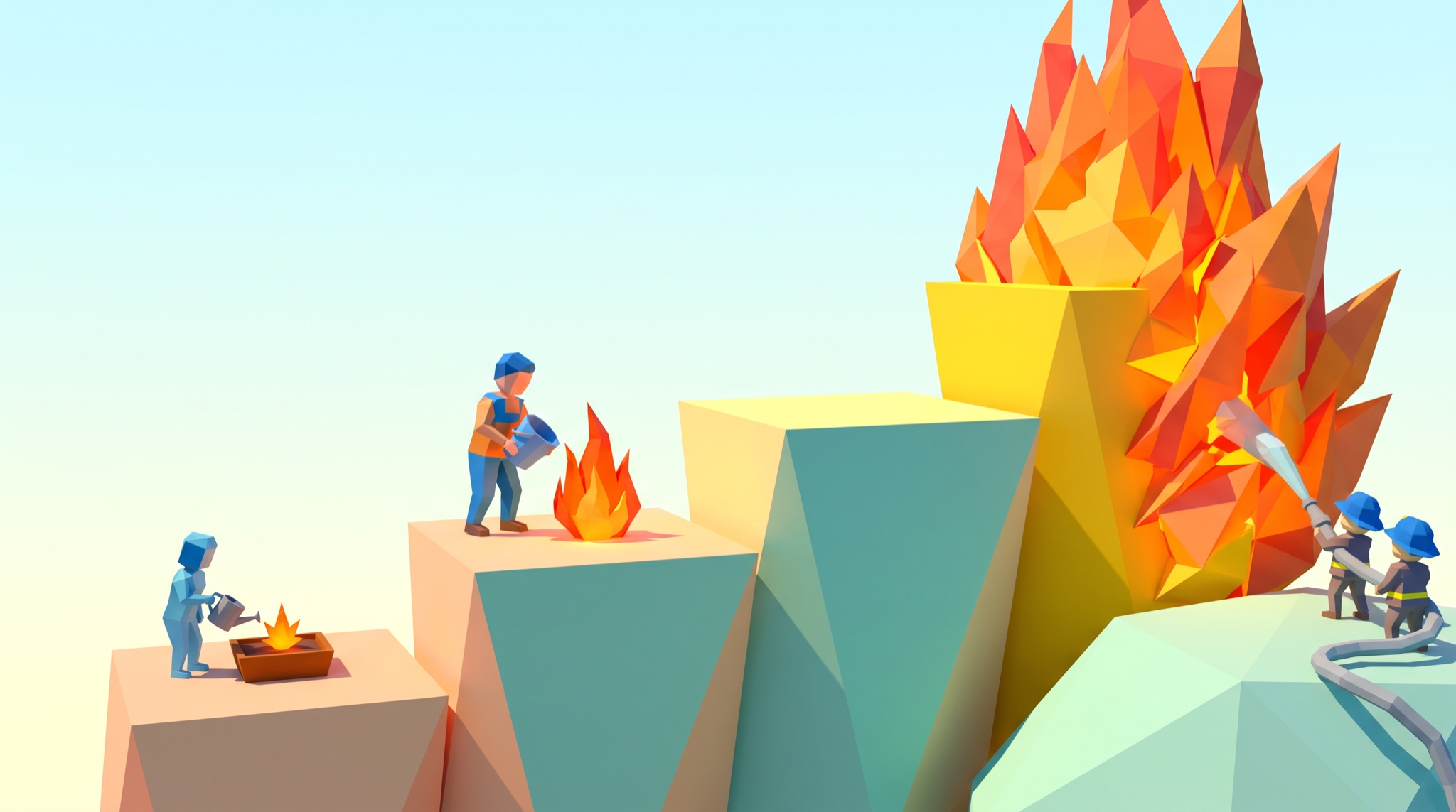 Low-poly staircase of steps growing taller, with a figure watering a tiny spark on the lowest step, a figure emptying a bucket on a small fire midway, and firefighters hosing a huge blaze on the top step.