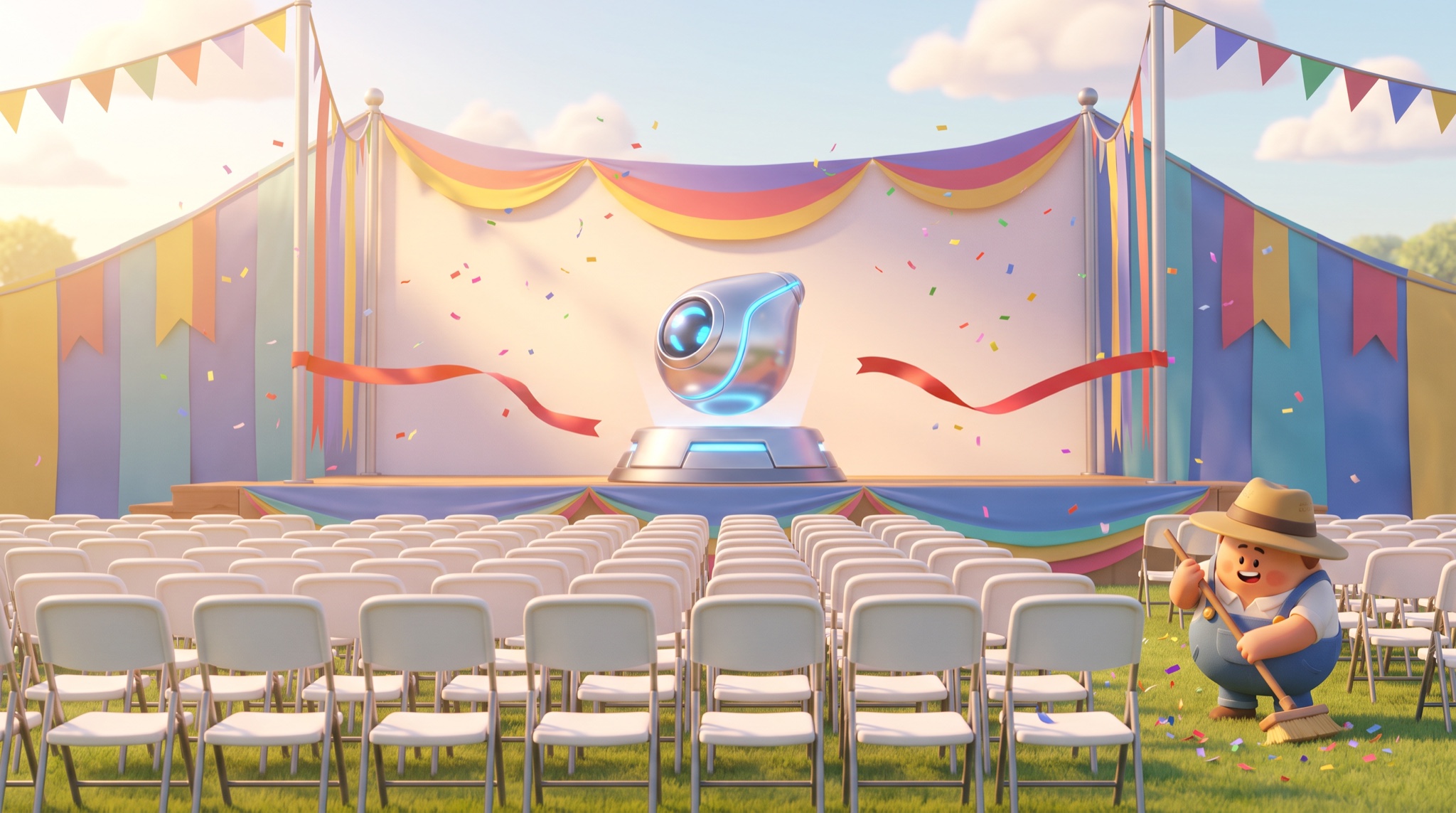 Pixar-style outdoor launch stage with a shiny gadget on a pedestal, cut red ribbon and drifting confetti, facing rows of empty white folding chairs while a lone janitor sweeps at the side.