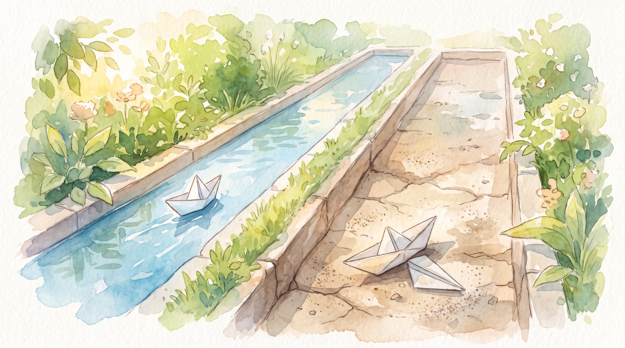 Watercolor of two garden channels side by side: one flowing with water carrying a small paper boat, the other cracked and dry with paper boats stranded on its bed.