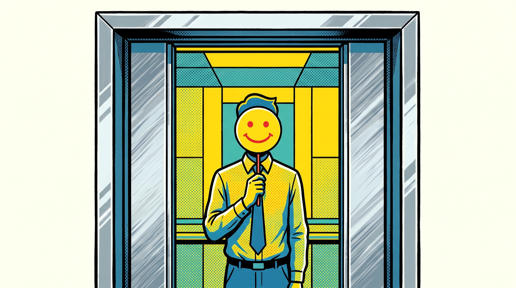Comic-style illustration of an office worker inside an elevator holding a yellow smiling mask on a stick in front of their face as the doors slide closed.