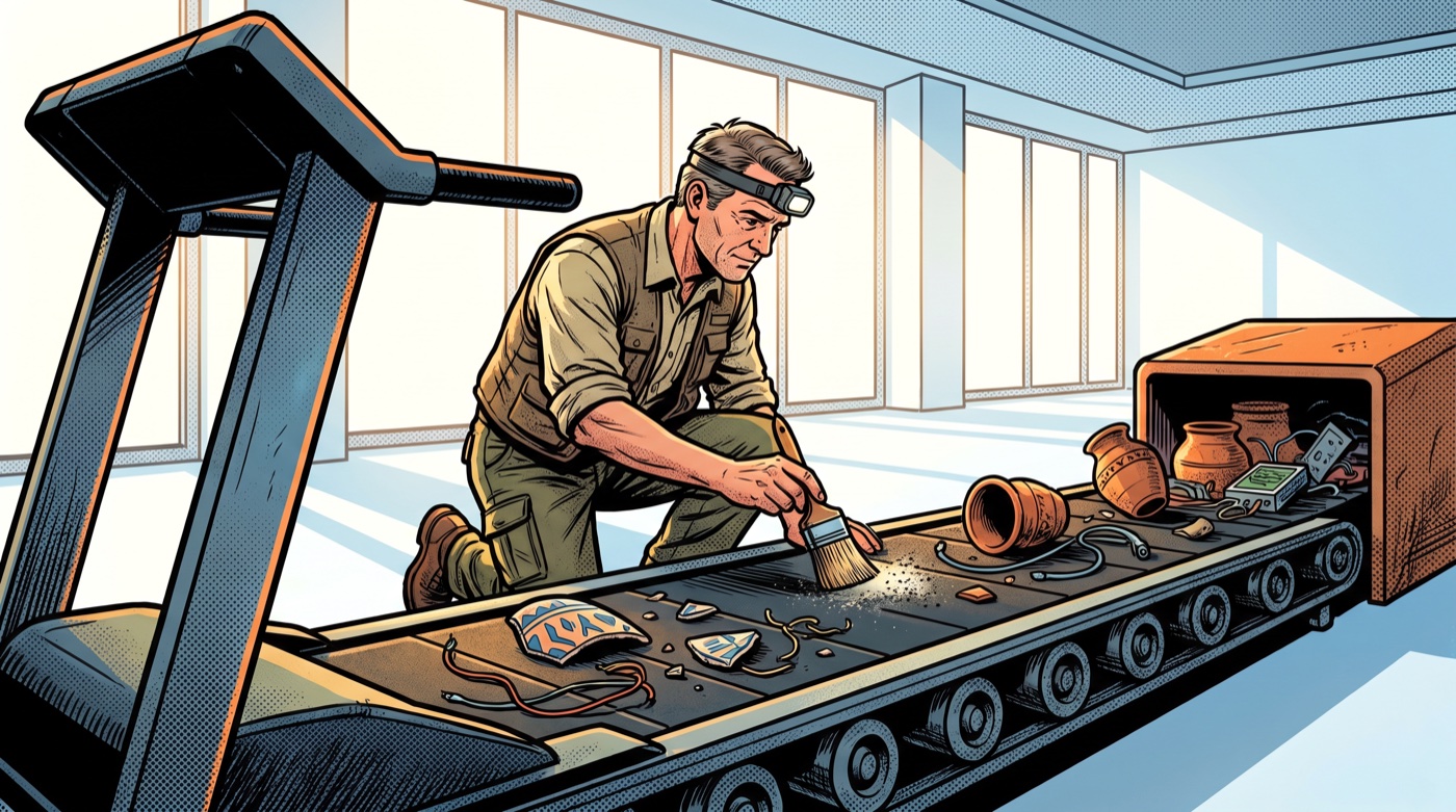Comic-style illustration of an archaeologist kneeling on a moving gym treadmill, brushing dust off pottery shards and cables half-buried in the belt as more artifacts roll in from the far end.