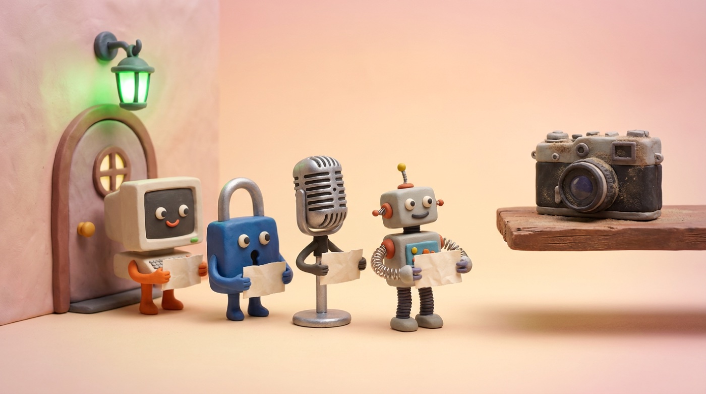 Claymation scene of toy figures, a computer monitor, a padlock, a microphone, and a small robot, queuing with blank paper tickets outside a small door with a glowing green lamp, while a dusty camera sits alone on a wooden shelf.