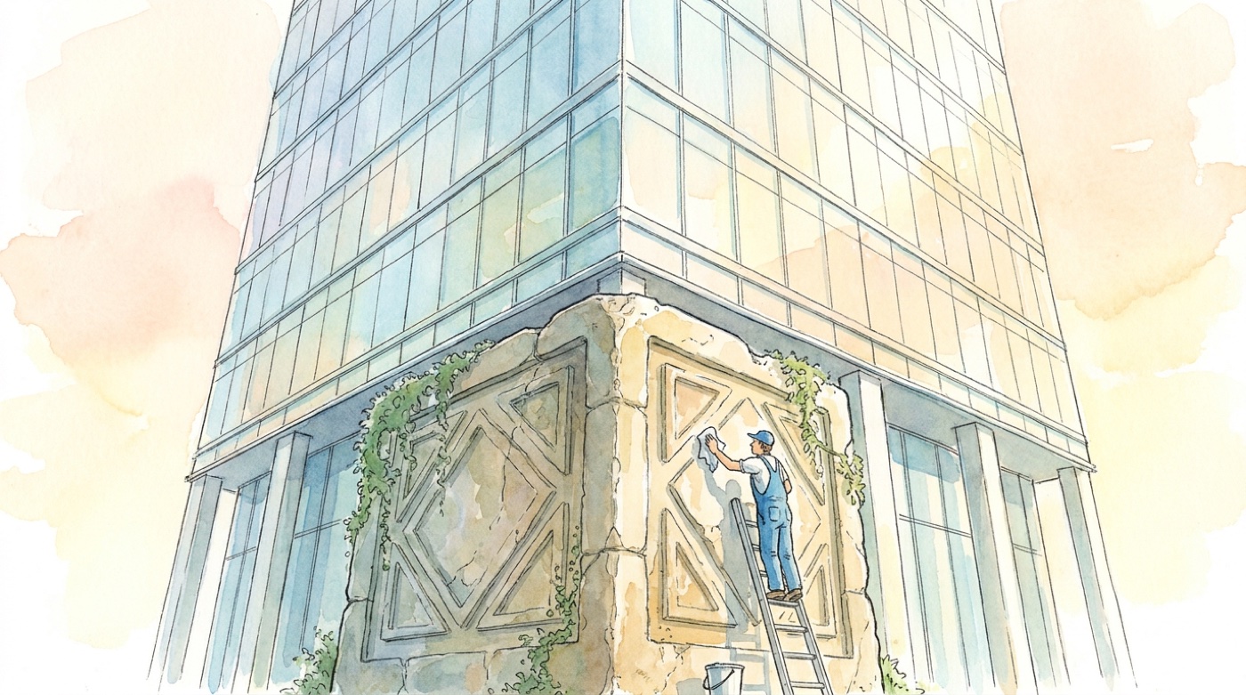 Watercolor painting of a modern glass office tower rising from one ancient weathered cornerstone with geometric carvings and ivy, while a maintenance worker on a ladder polishes the old stone.