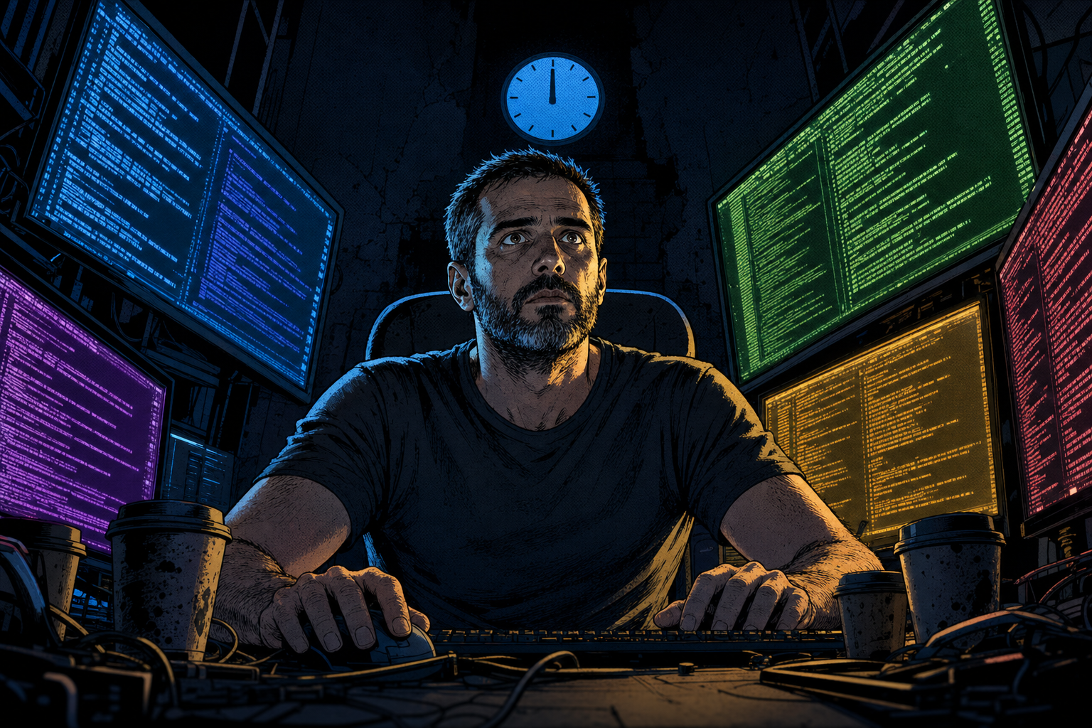 Comic panel: a bearded engineer at midnight, lit from below by five glowing monitors arranged around him like a control room, exhausted and wide awake.