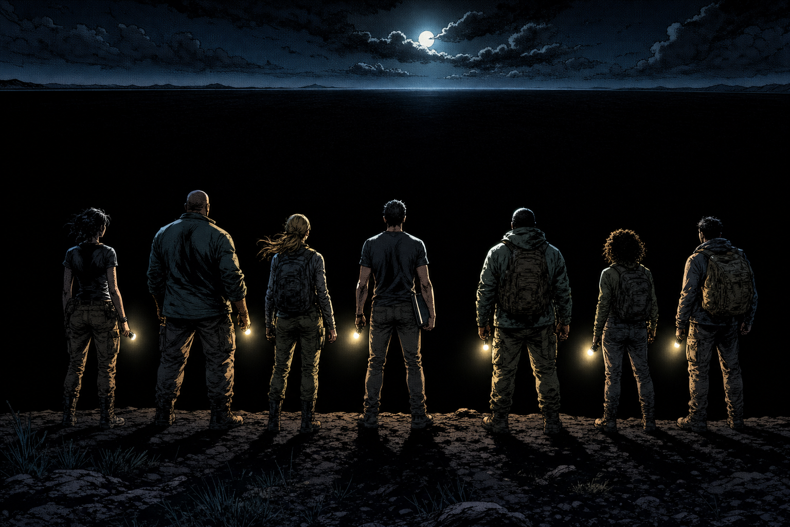 Comic panel: seven small figures seen from behind on a dark ridge, each holding a small light, facing an enormous black unexplored expanse.