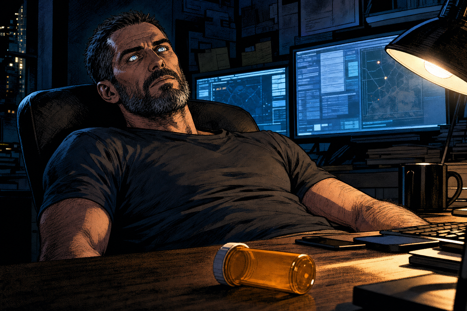 Comic panel: the engineer slumped in his chair, an empty pill bottle tipped over on the desk, his eyes still wide open and blazing.