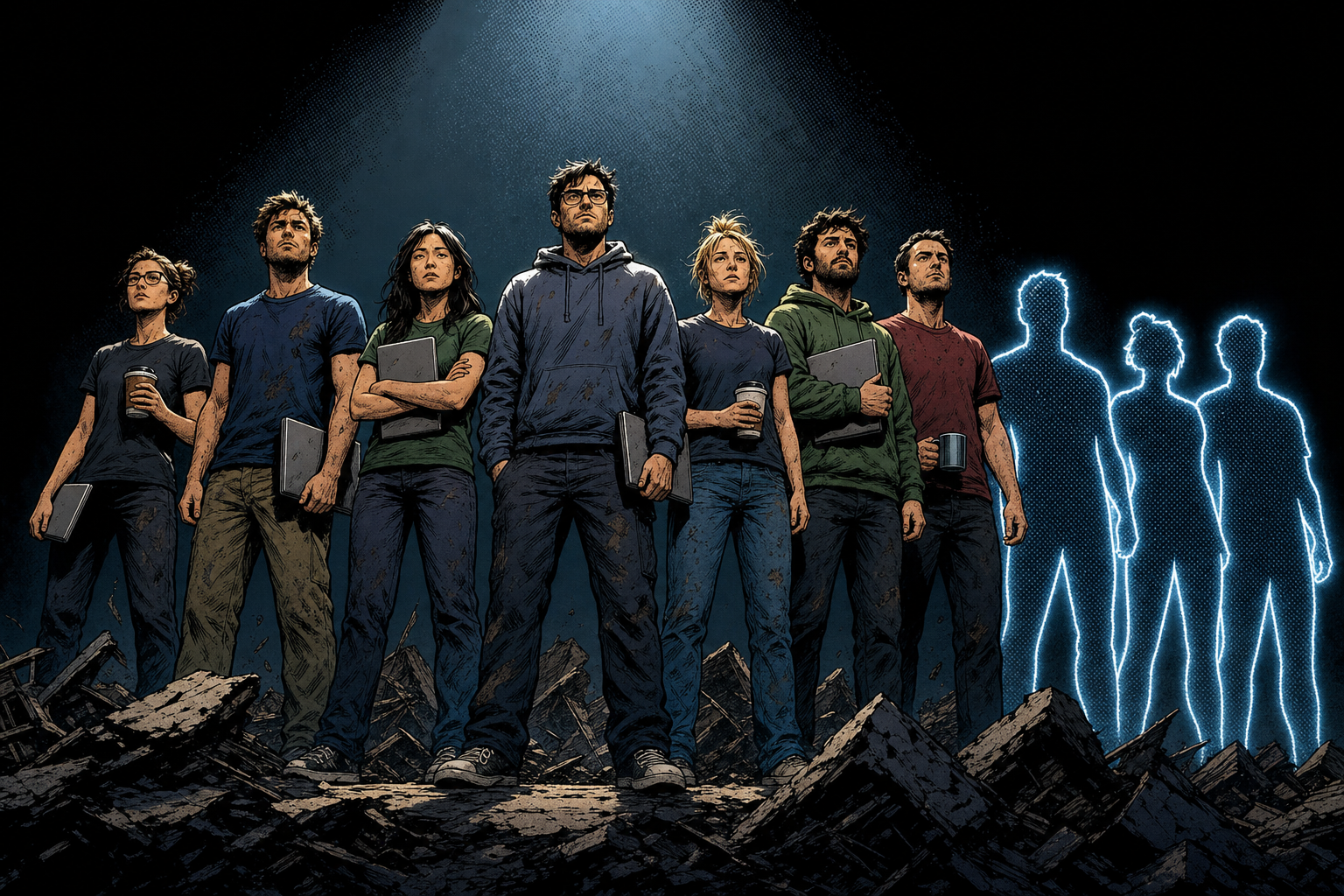 Comic panel: seven tired engineers in a heroic lineup under a spotlight, with three empty glowing outlines where teammates should be.