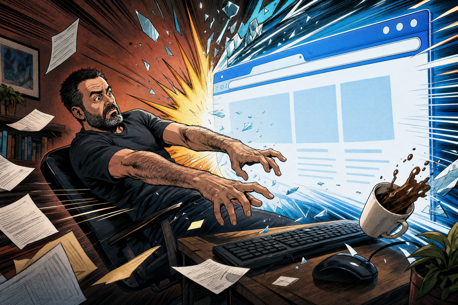 Comic panel: a giant browser window smashes into the frame and knocks the engineer sideways out of his chair mid-keystroke.