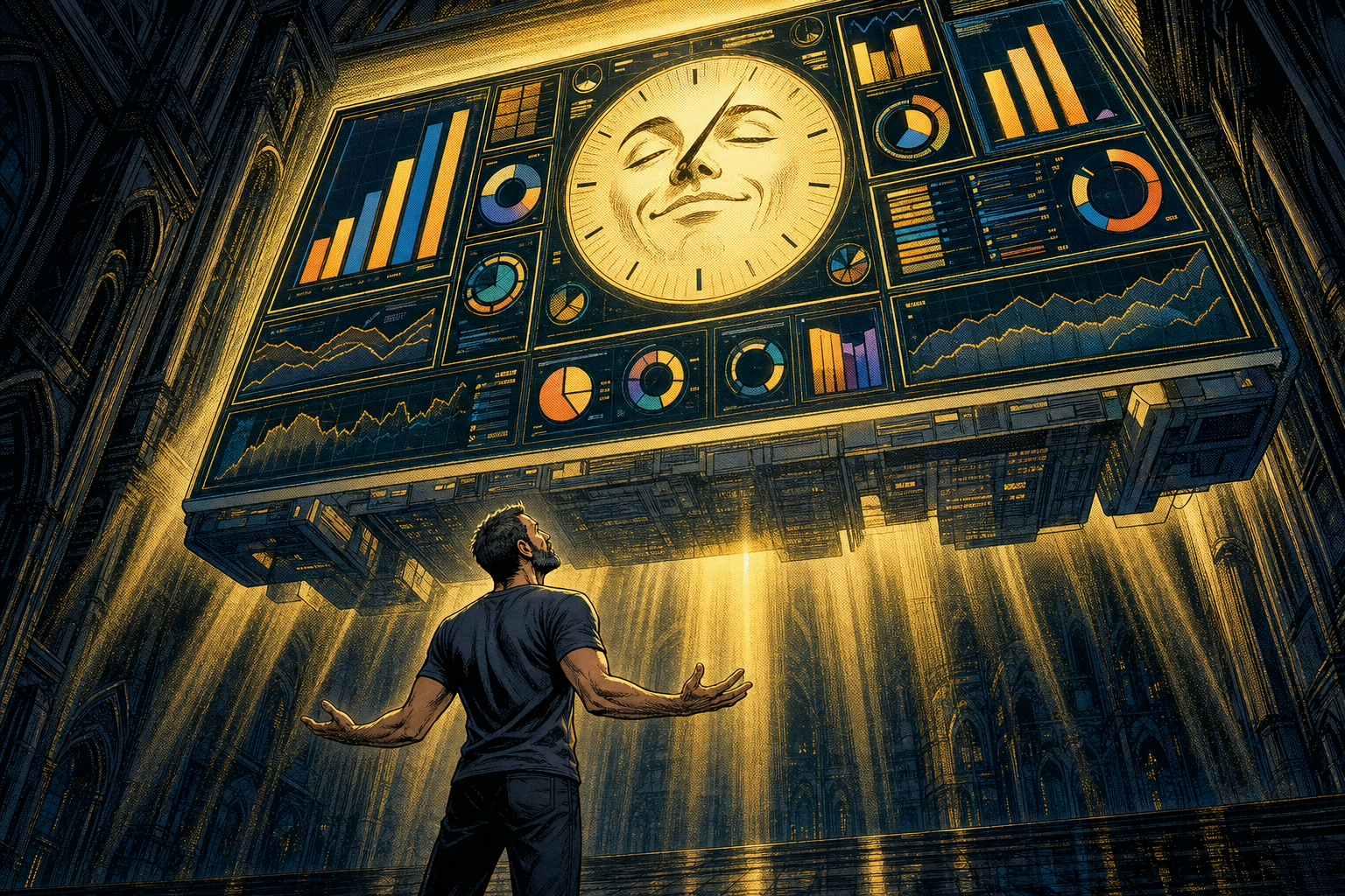 Comic panel: a colossal glowing analytics dashboard looms over a tiny figure below, radiating confident light.