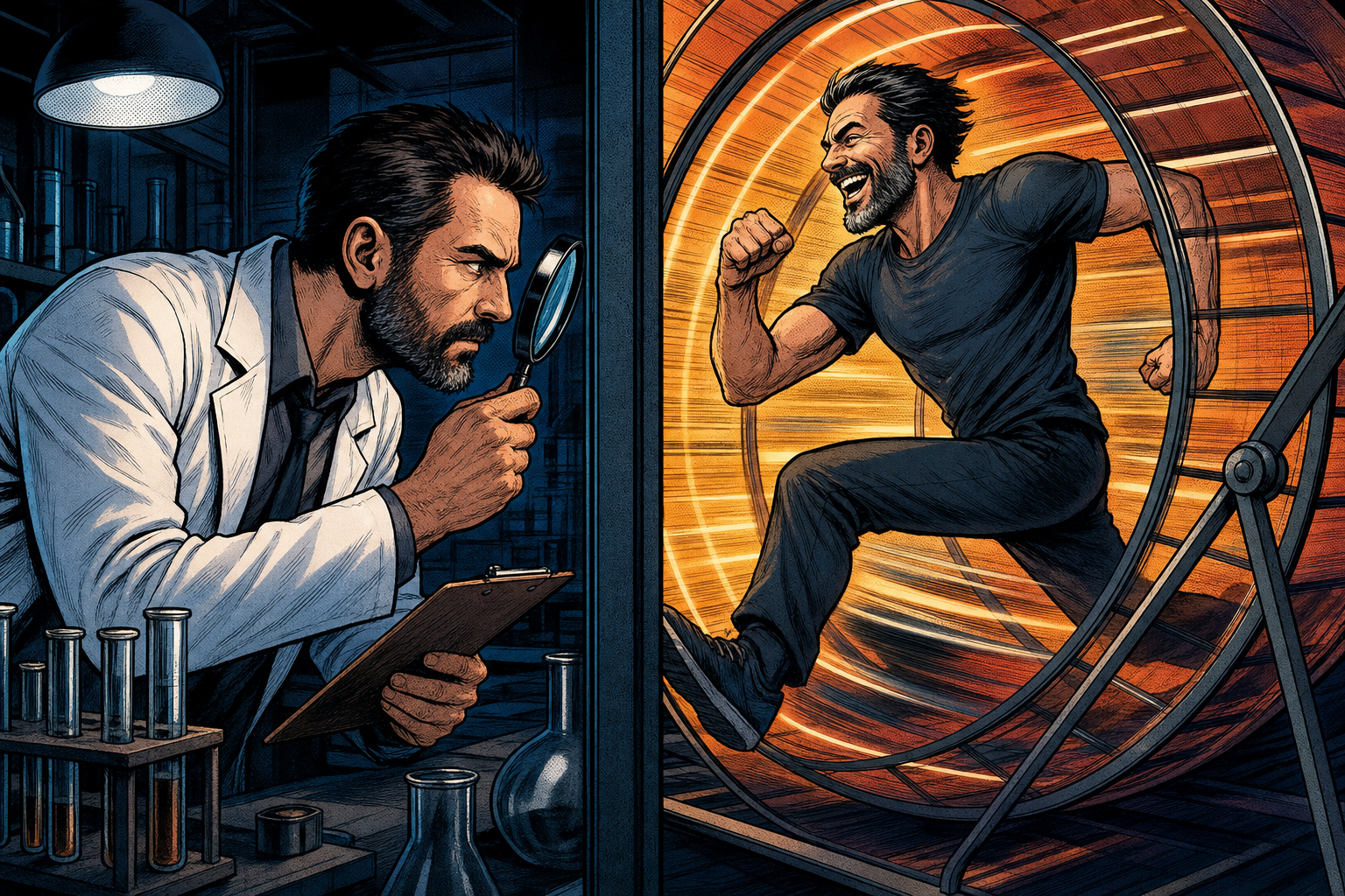 Comic panel split in two: on the left the same man in a lab coat peering through a magnifying glass, on the right the same man sprinting joyfully inside a glowing hamster wheel.