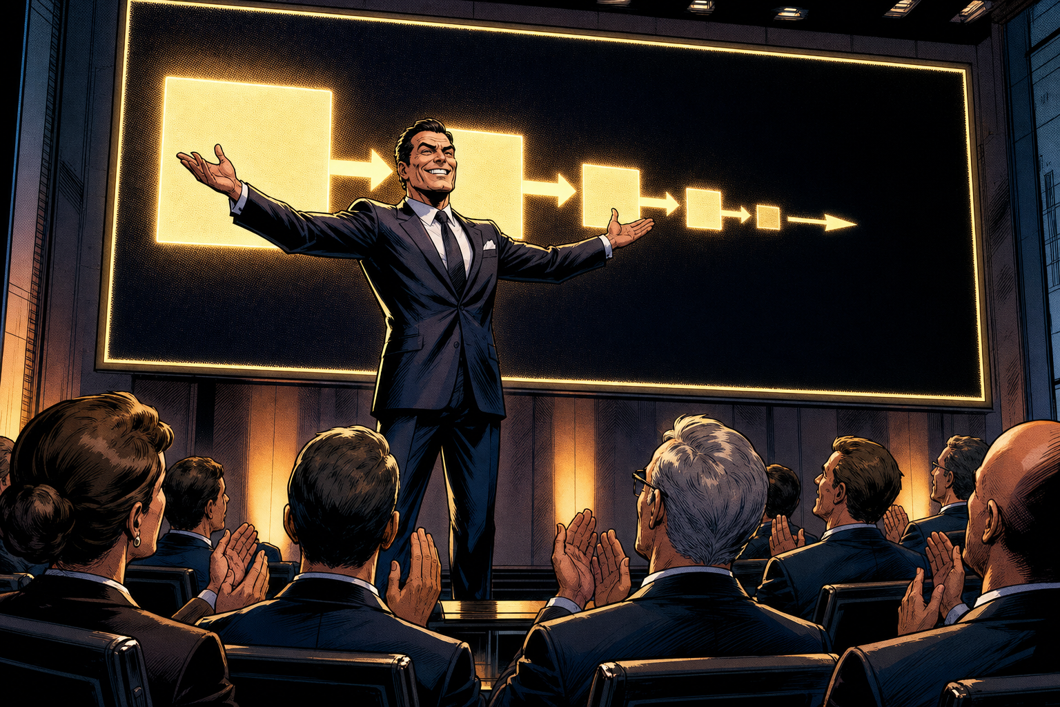 Comic panel: a grinning salesman on stage presenting a chain of boxes whose final arrow points into empty blackness, to enthusiastic applause.