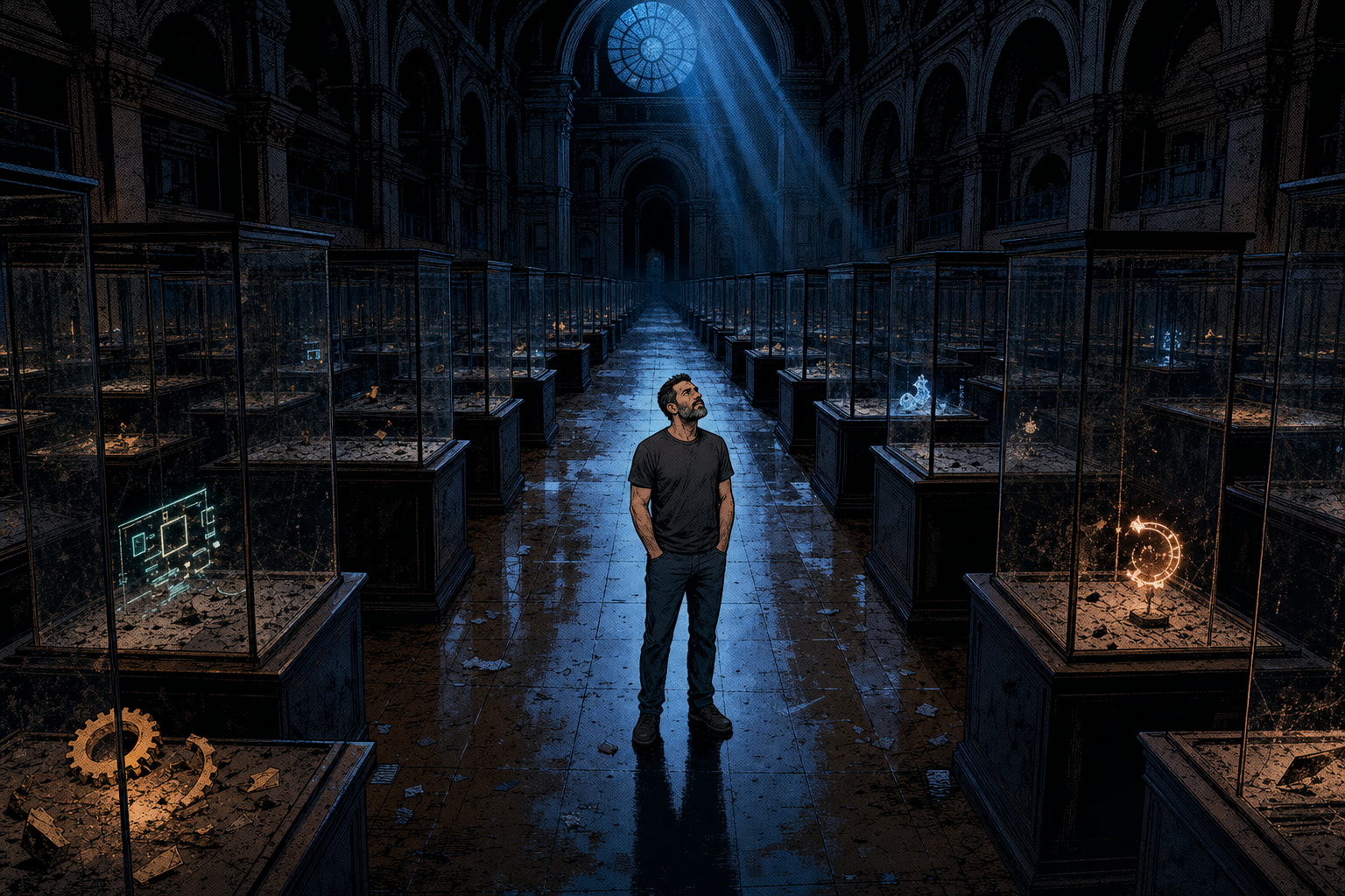 Comic panel: a vast dark museum hall of glass display cases, nearly all empty, one small figure standing alone in the centre aisle.