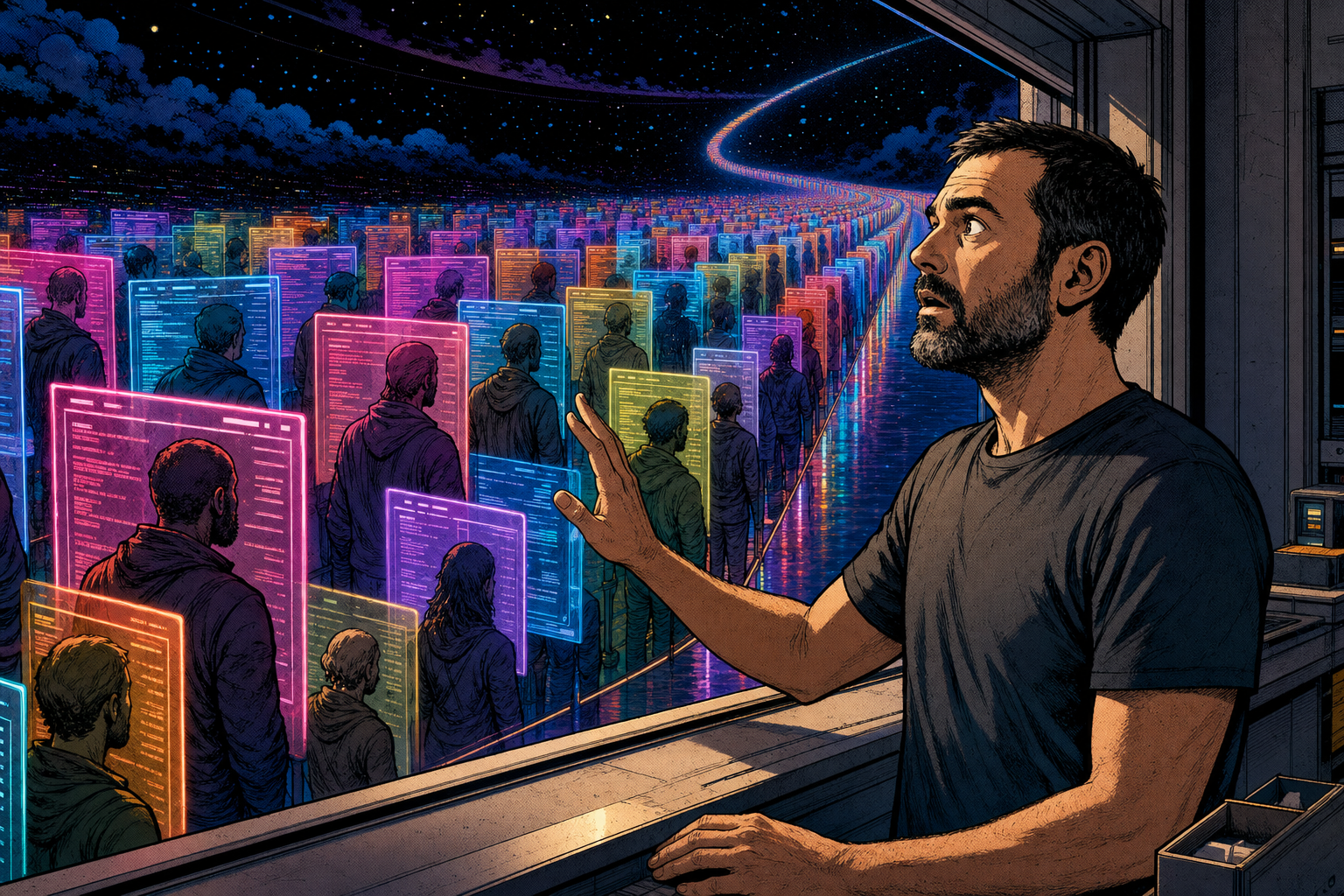 Comic panel: the engineer at a service window with a queue of glowing task tickets stretching to the horizon behind him.