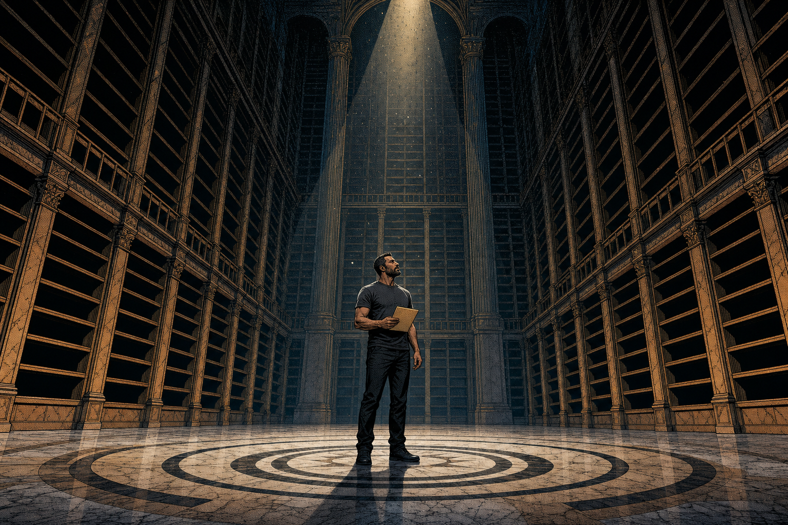 Comic panel: an immense cathedral library with every shelf completely bare, one small figure in the centre holding a single thin folder.