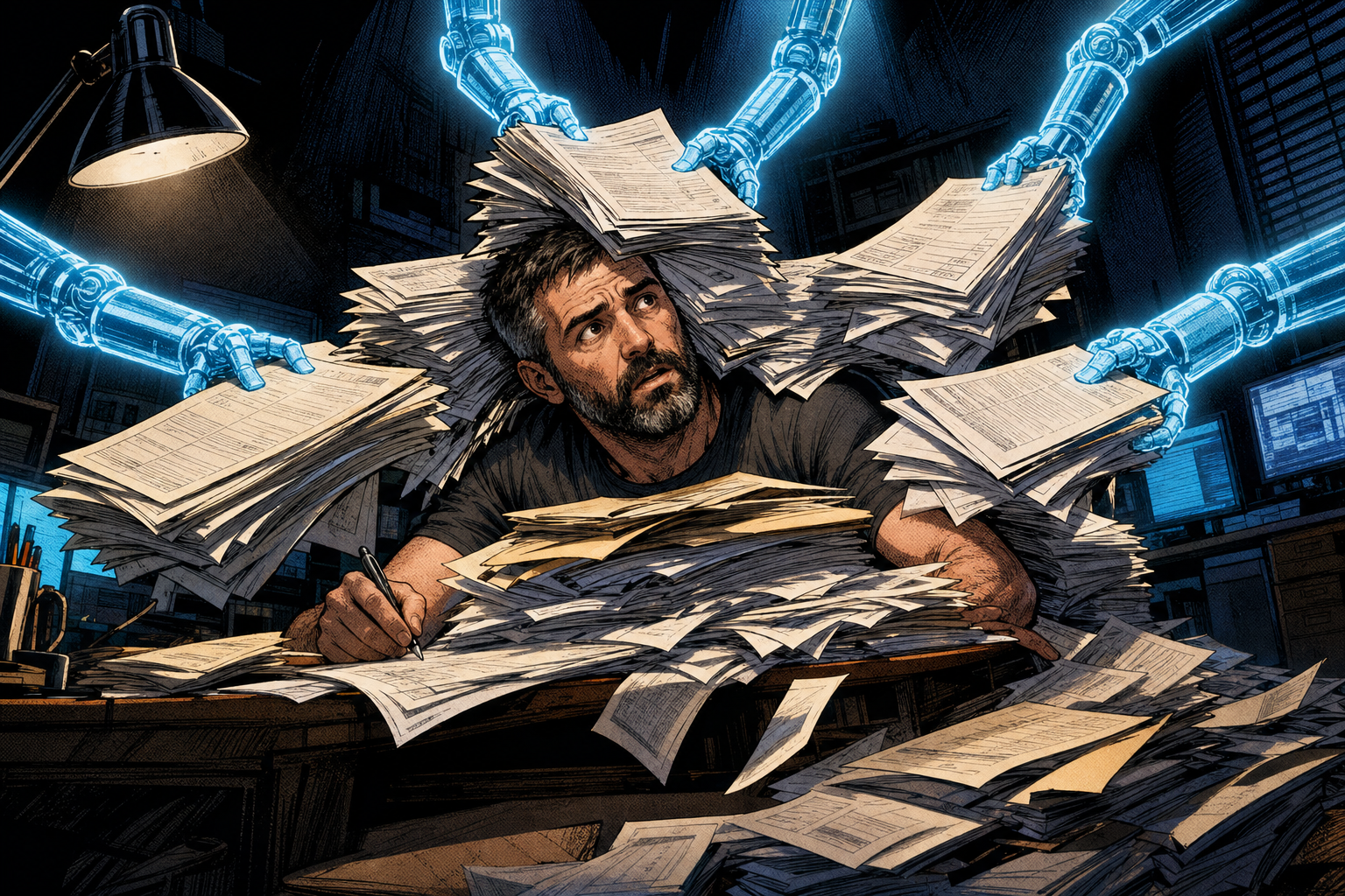 Comic panel: glowing robotic arms shove stacks of documents at the engineer from every direction until the paper buries him.