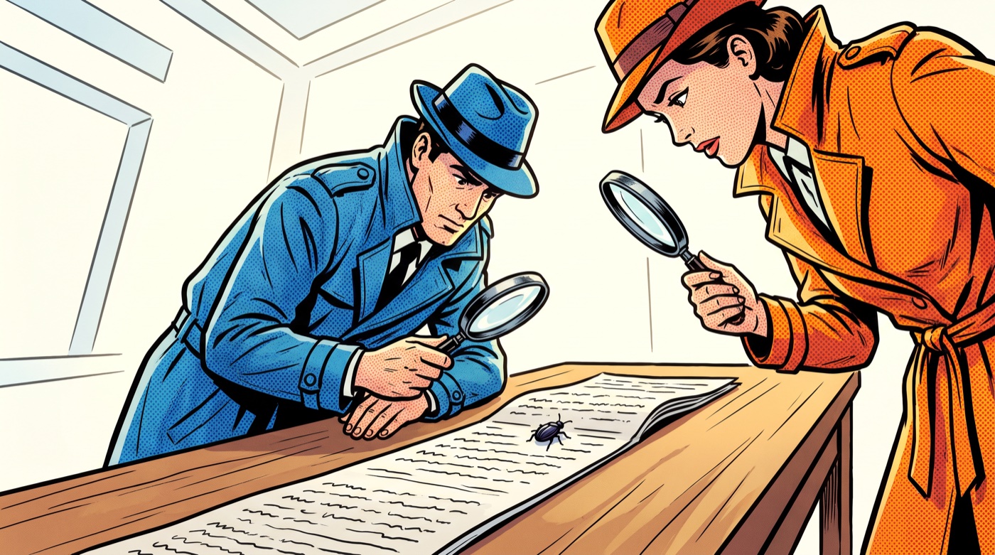 Comic-style drawing of two detectives in blue and orange trench coats, each with a magnifying glass, pointing at the same bug on a printed page.