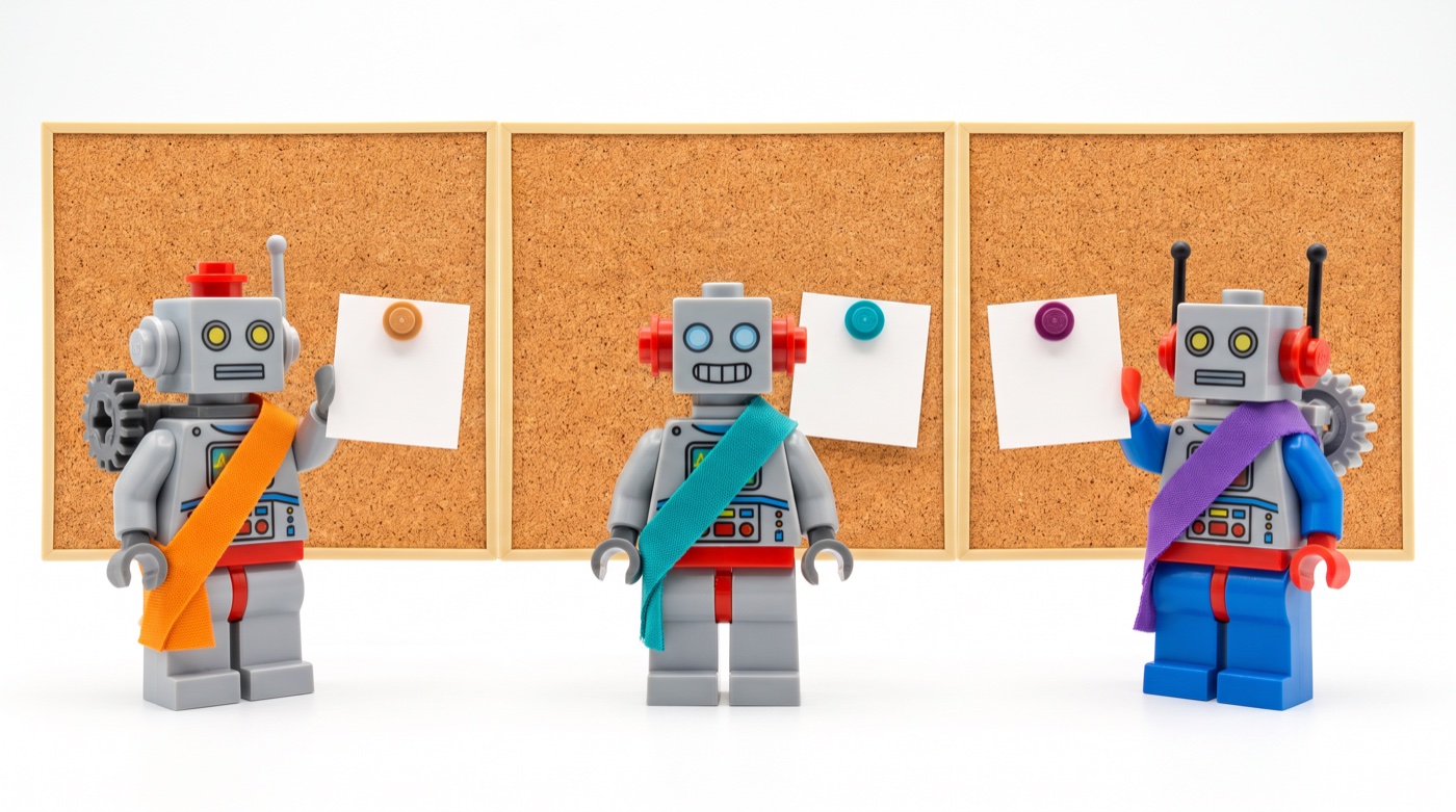 Three toy robot minifigures wearing orange, teal, and purple sashes, each pinning a blank note card to its own section of a corkboard.