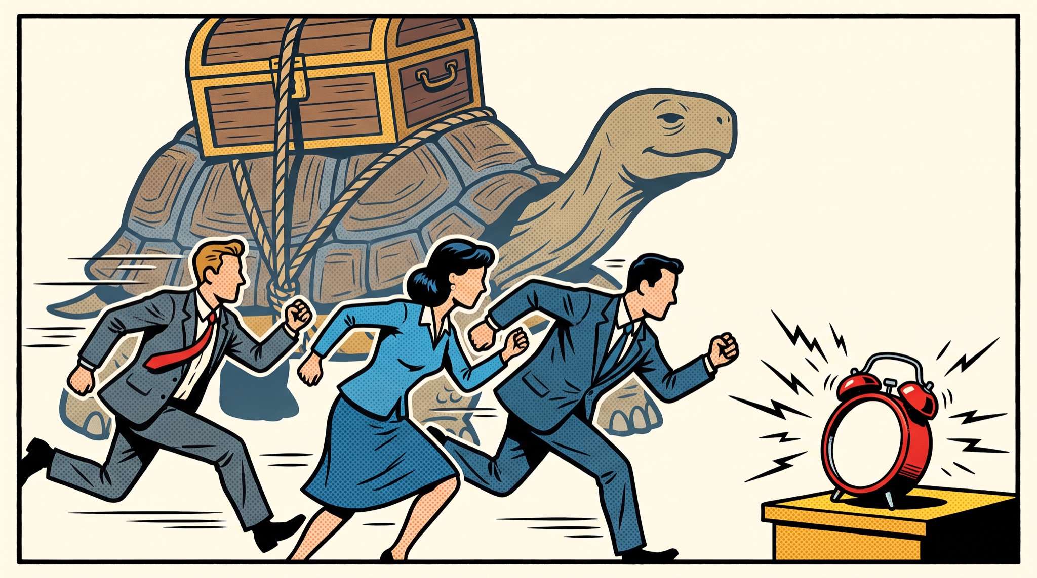 Comic-style drawing of three office workers running toward a small ringing alarm clock on a pedestal while a giant tortoise carrying a large treasure chest walks unnoticed behind them.