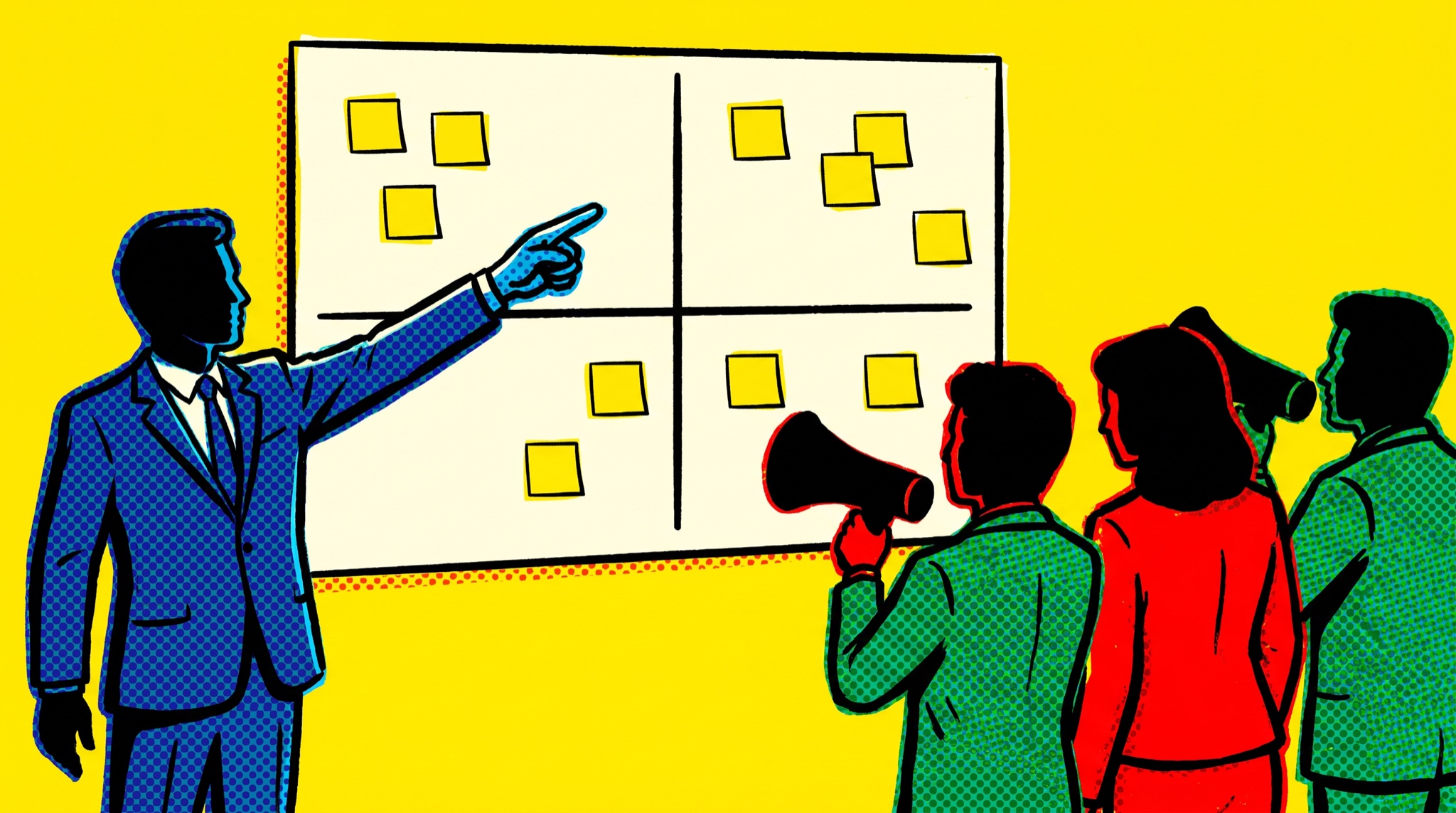 Pop-art illustration of a man in a blue suit pointing at a large four-quadrant board covered in blank sticky notes while coworkers holding megaphones face the board.