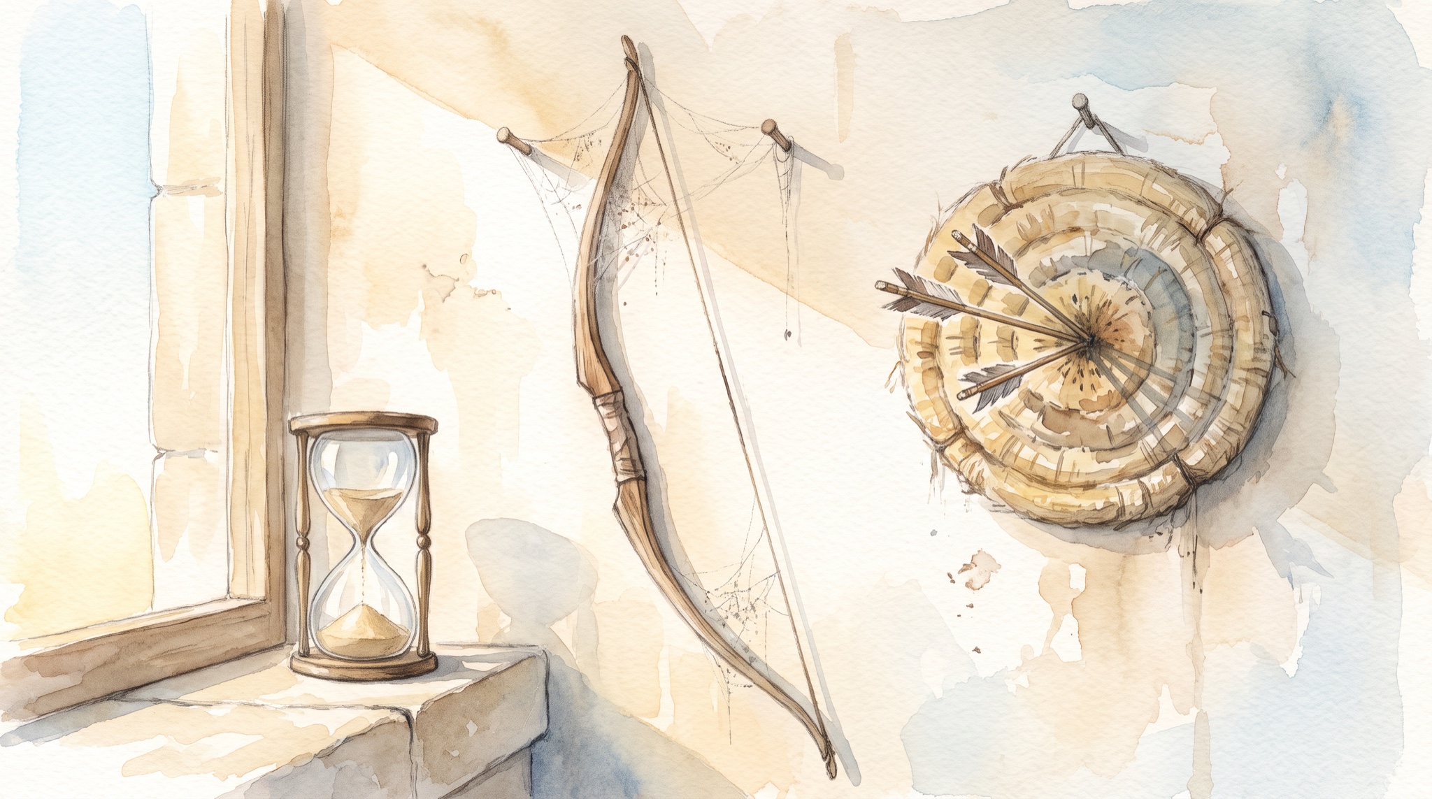 Watercolor of an unstrung longbow covered in cobwebs hanging on a sunlit wall, beside a straw archery target with faded arrows clustered at its center and an hourglass nearly run out on the windowsill.