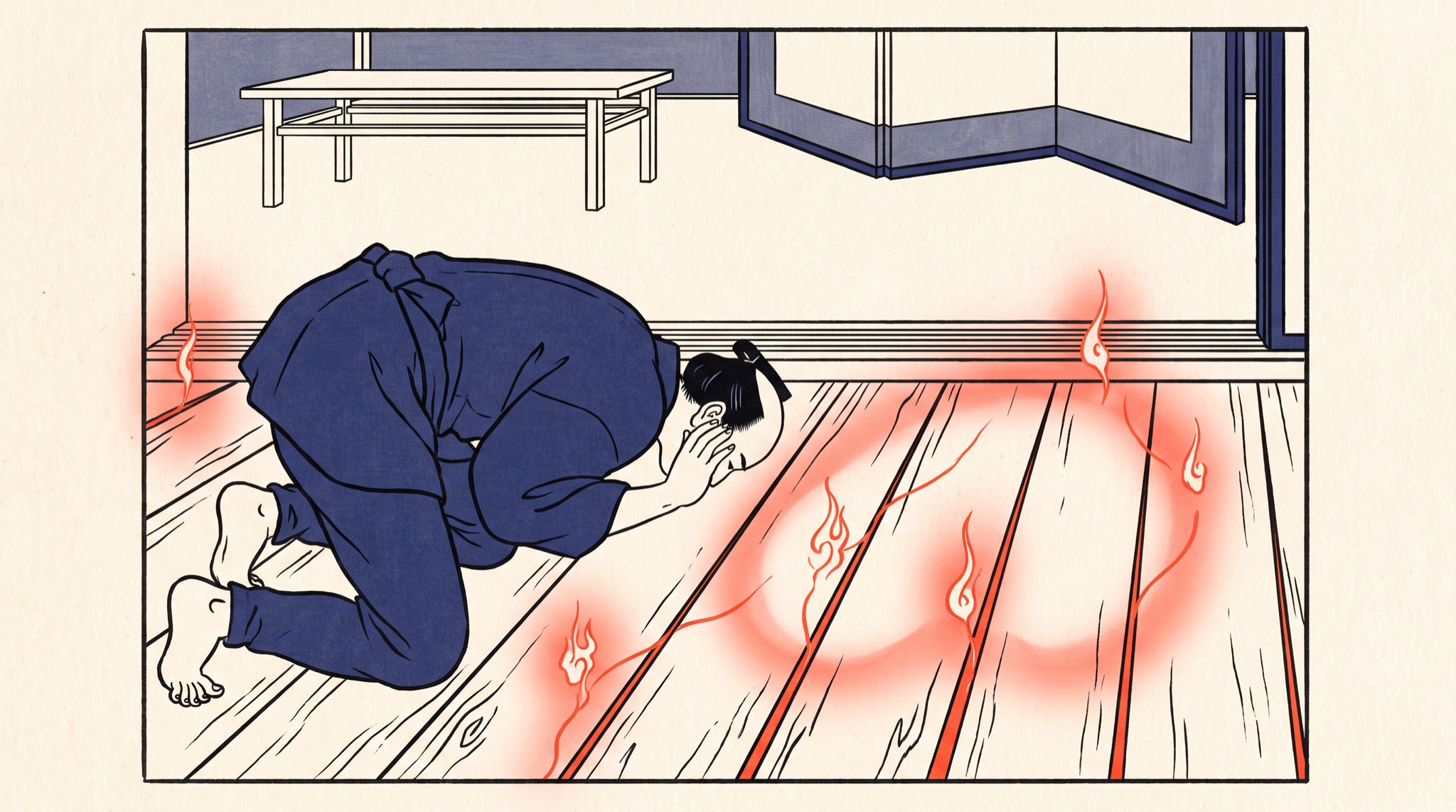Ukiyo-e style print of a figure in plain indigo clothes kneeling on wooden floorboards, ear bent toward the floor, as a red glow and small flames rise through the gaps between the planks.