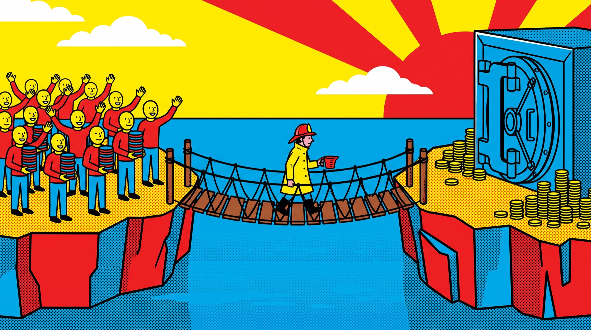 Pop-art illustration of two islands: a crowd holding stacks of tokens on one, a bank vault with piles of coins and no people on the other, and a figure crossing the rope bridge between them carrying a measuring cup.