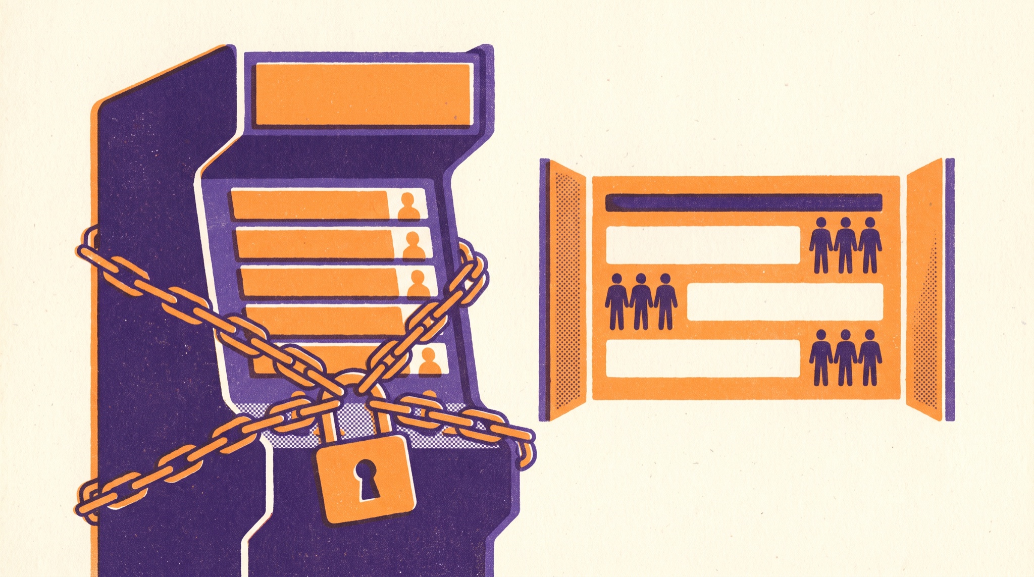 Risograph-style illustration of an arcade leaderboard with per-person rows wrapped in chains and sealed with a large padlock, next to an open display board whose bars end in groups of three figures.