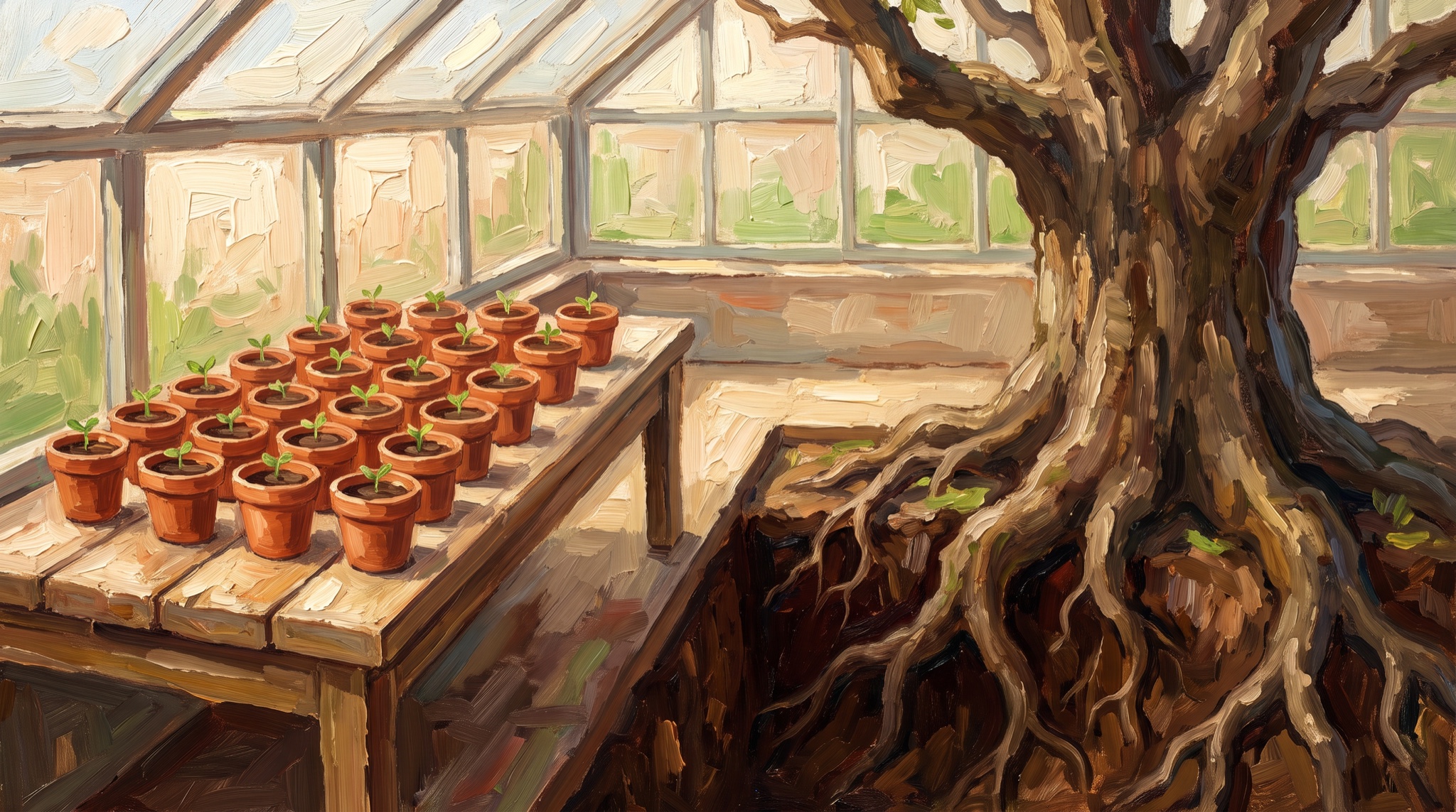 Oil painting of a greenhouse with a grid of identical small potted seedlings on a table beside a huge old oak tree with deep exposed roots.